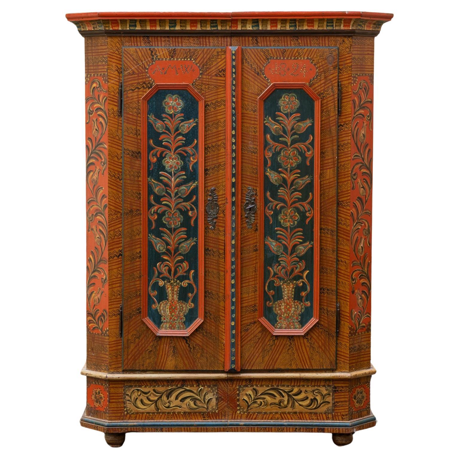Armoire popolare dipinto a mano, Germania meridionale, datato 1824 e monogramma AMW
