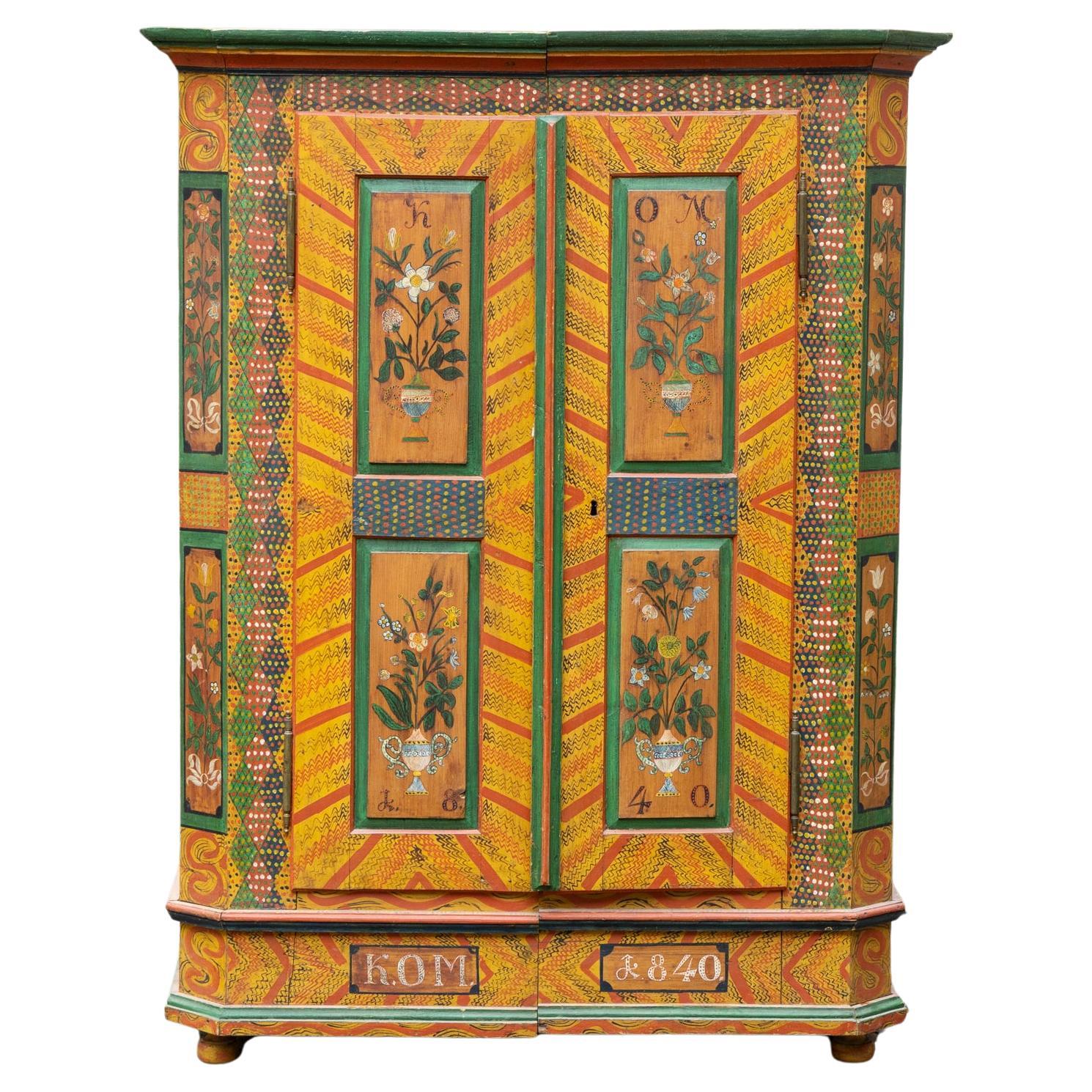 Armoire popolare dipinto a mano, Germania meridionale, datato 1840 e Monogram K.OM. in vendita