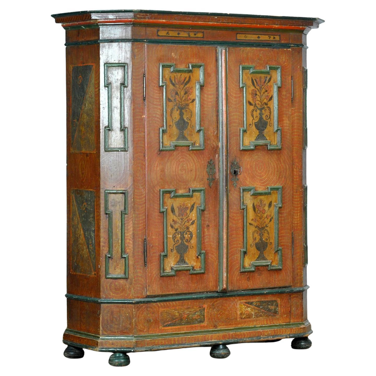 Armoire/meuble de mariage d'art populaire peint à la main, Allemagne du Sud, daté de 1807 en vente