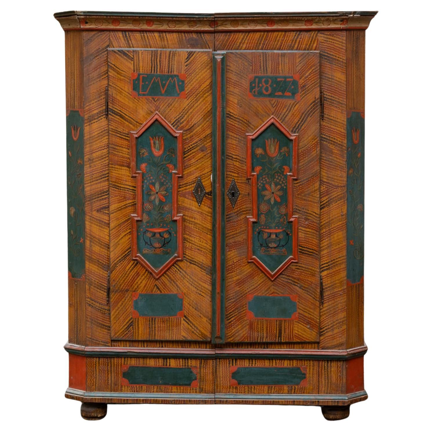 Armoire d'arte popolare dipinto a mano, Germania meridionale, datato 1877 e Monogram EMM