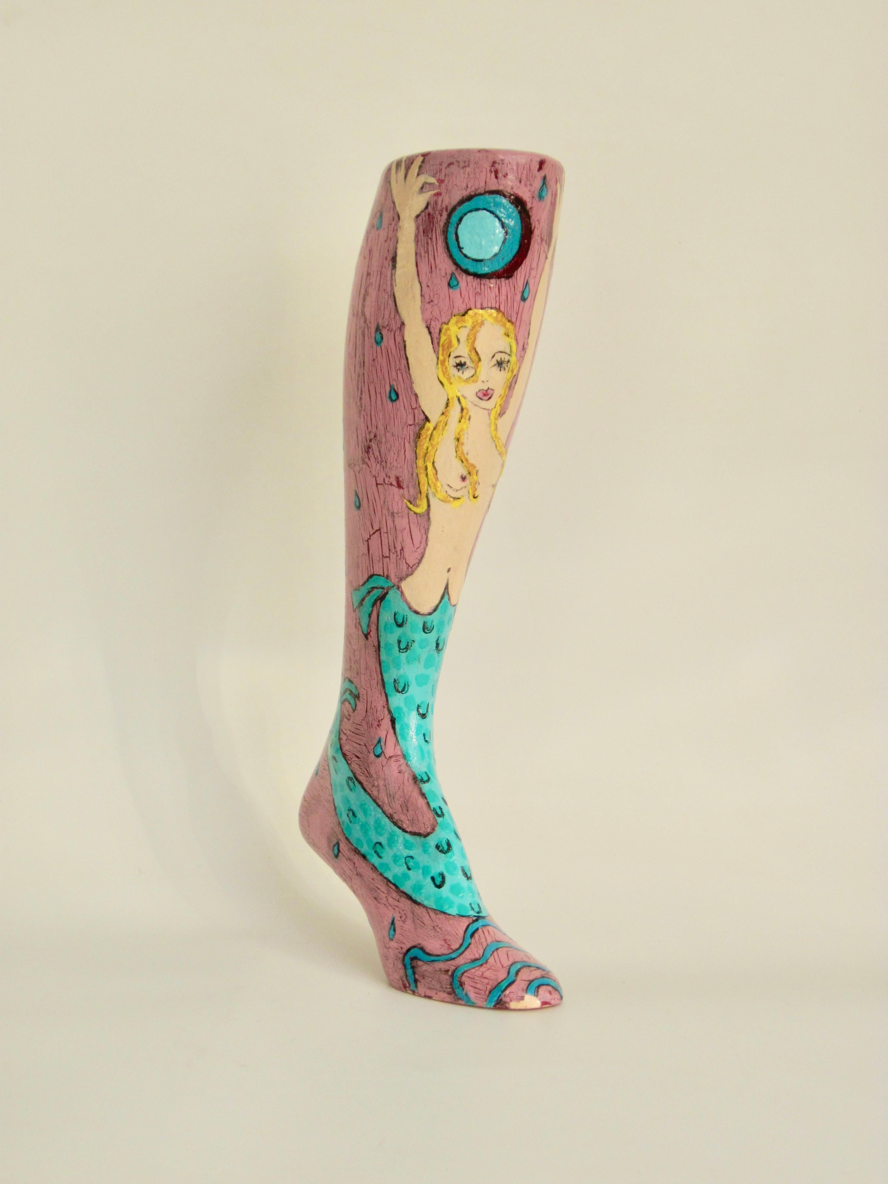 Folk art pink, yellow, and turquoise painted partial nude mermaid with moon and  sea life on a woman's mannequin leg. Fun boudoir or display piece. Signed.