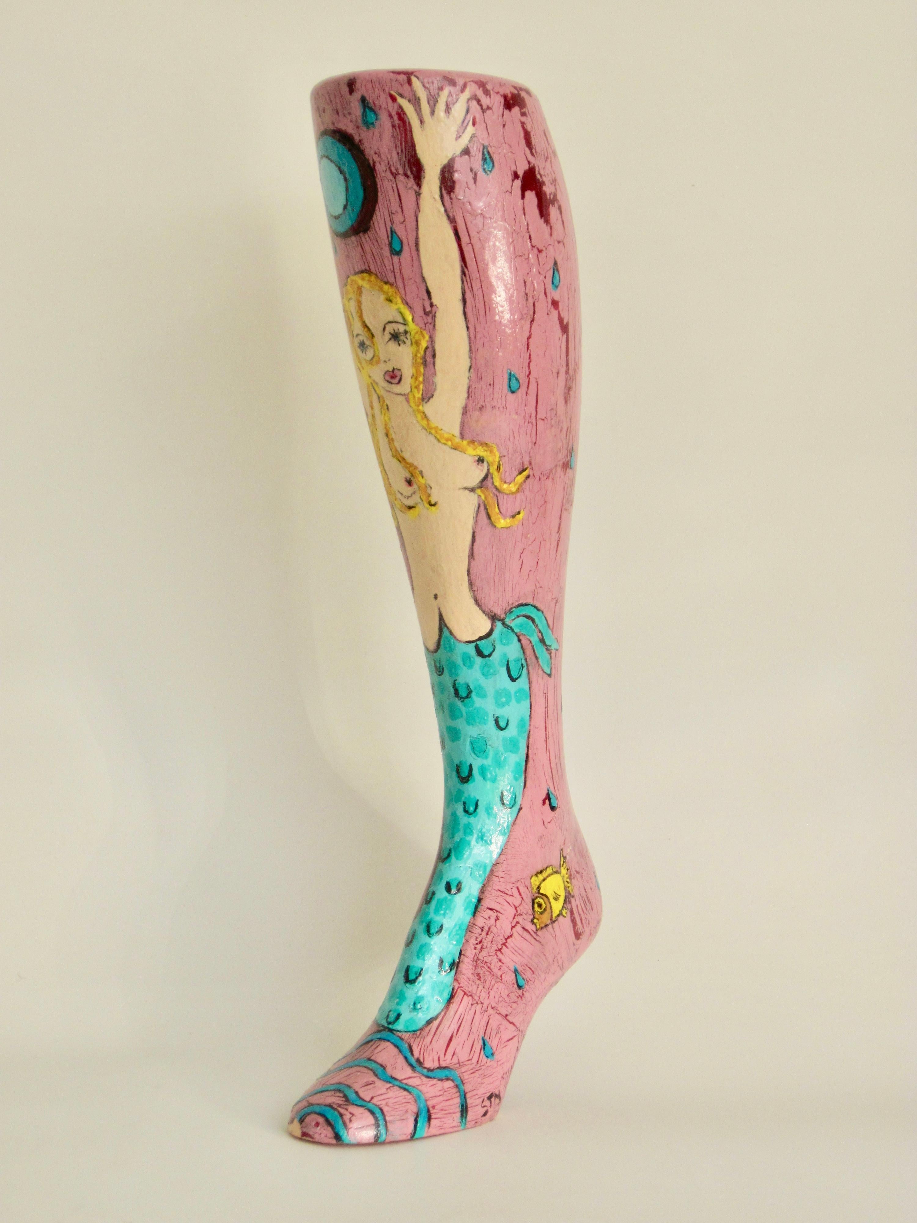 Hand Painted Folk Art Nude Mermaid Mannequin Leg In Good Condition In Ferndale, MI