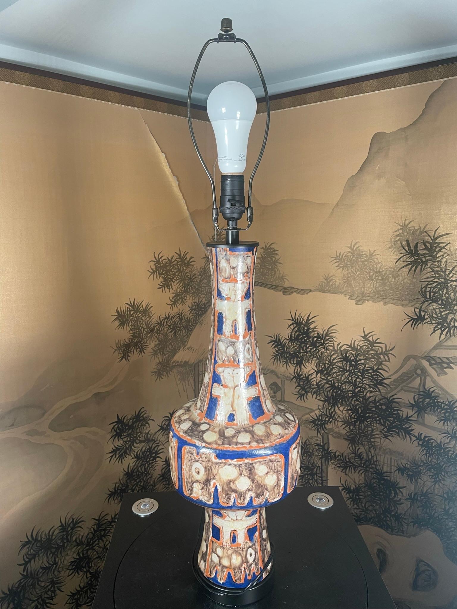 Hand Painted Folk Art Table Lamp, Eva Fritz-Lindner Masterwork , One of a Kind For Sale 9