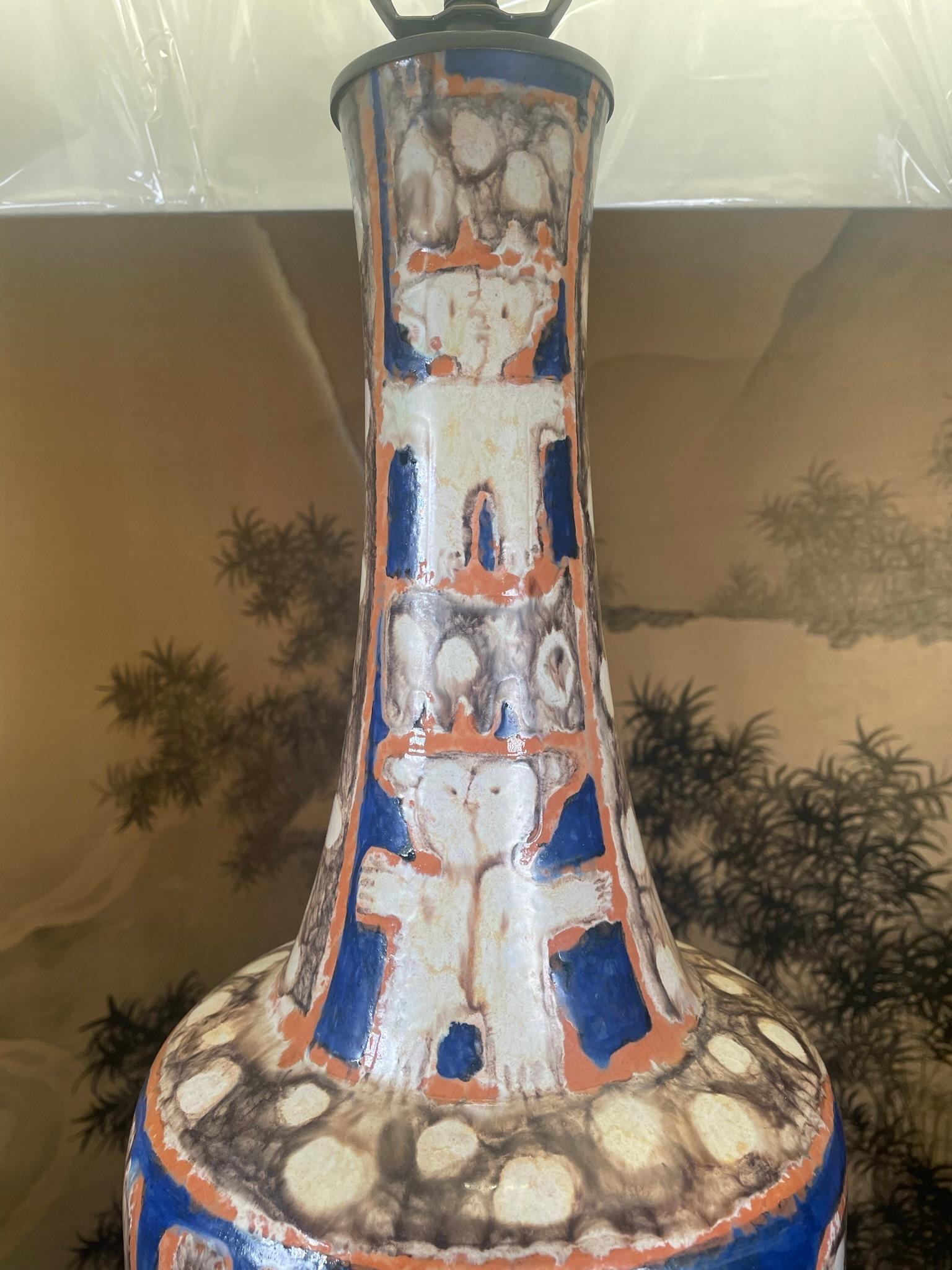 Hand Painted Folk Art Table Lamp, Eva Fritz-Lindner Masterwork , One of a Kind In Good Condition For Sale In South Burlington, VT
