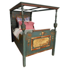 Hand Painted Folk Art Teal Single Canopy Bed