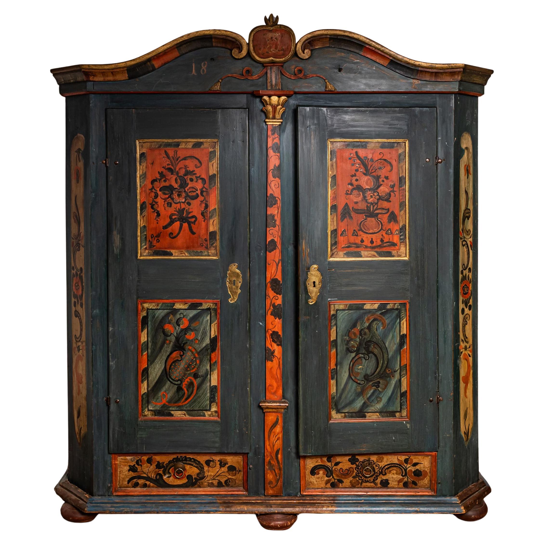 Hand-painted Folk Art Wardrobe Cabinet, South German, dated 1860