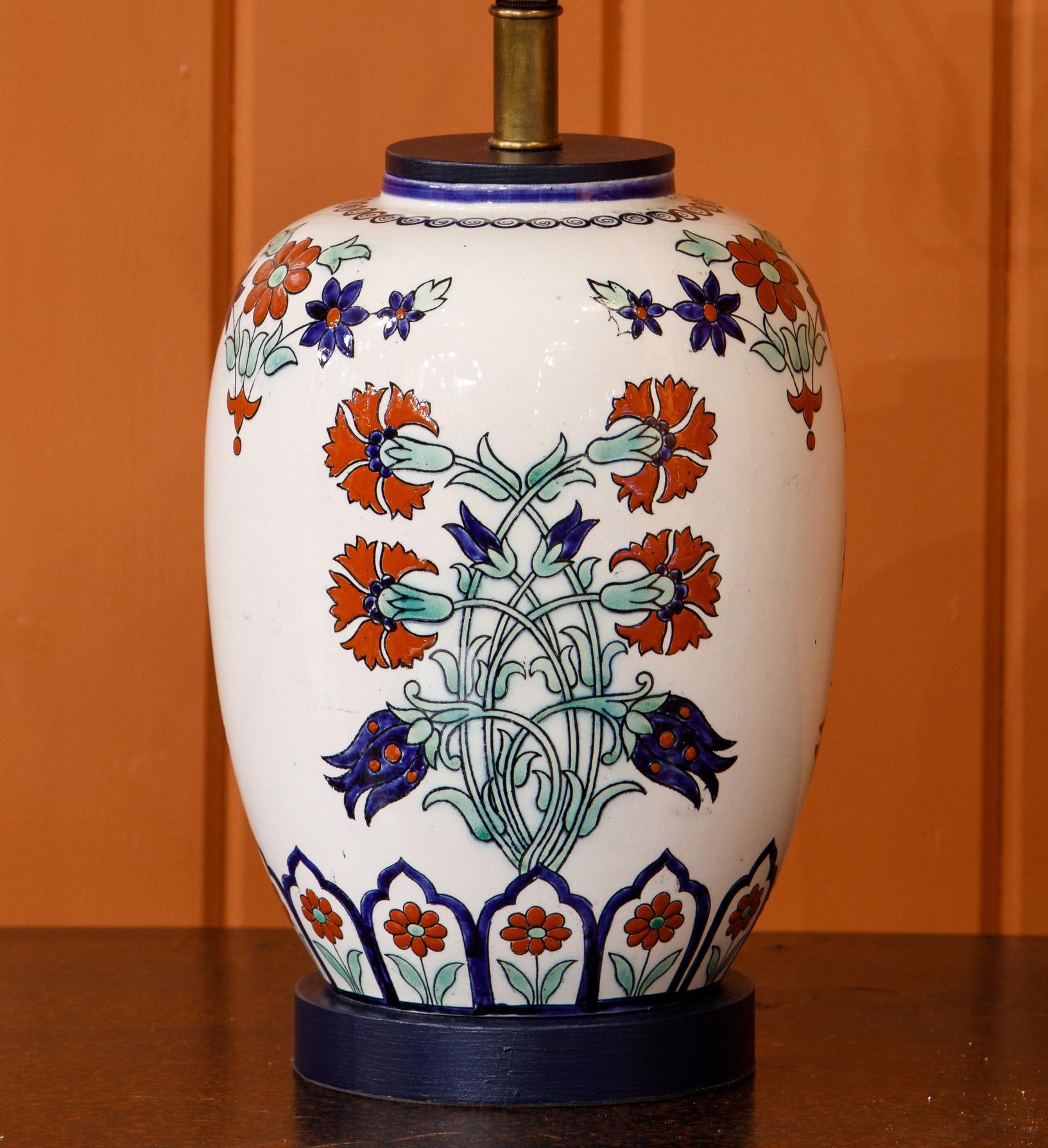 Anglo-Indian Hand-Painted Table Lamp with Geometric Floral Motif