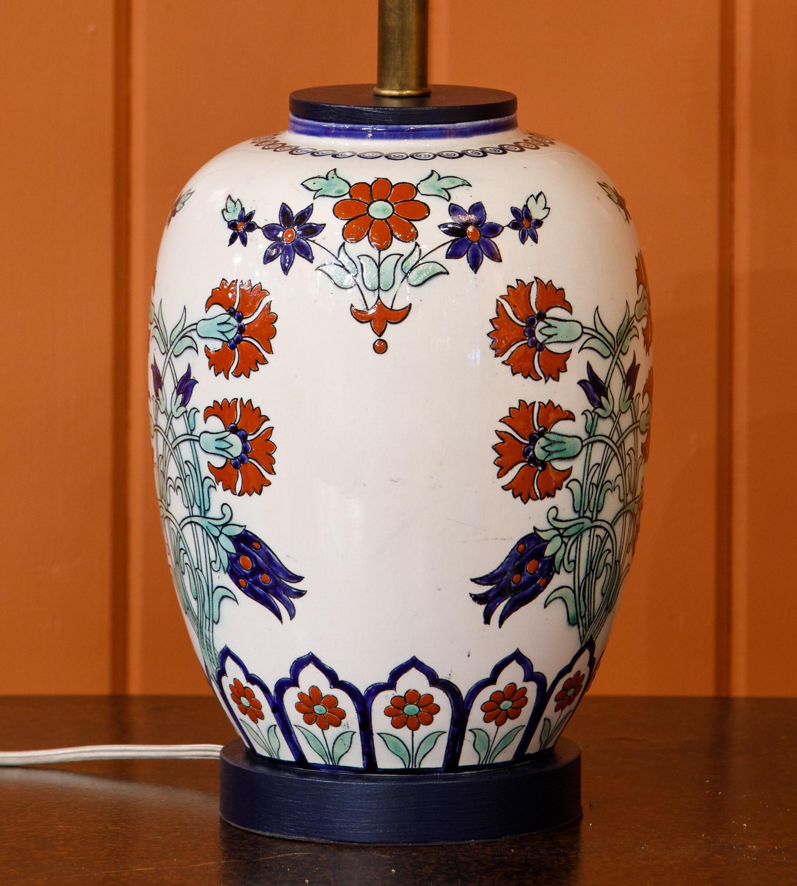 American Hand-Painted Table Lamp with Geometric Floral Motif