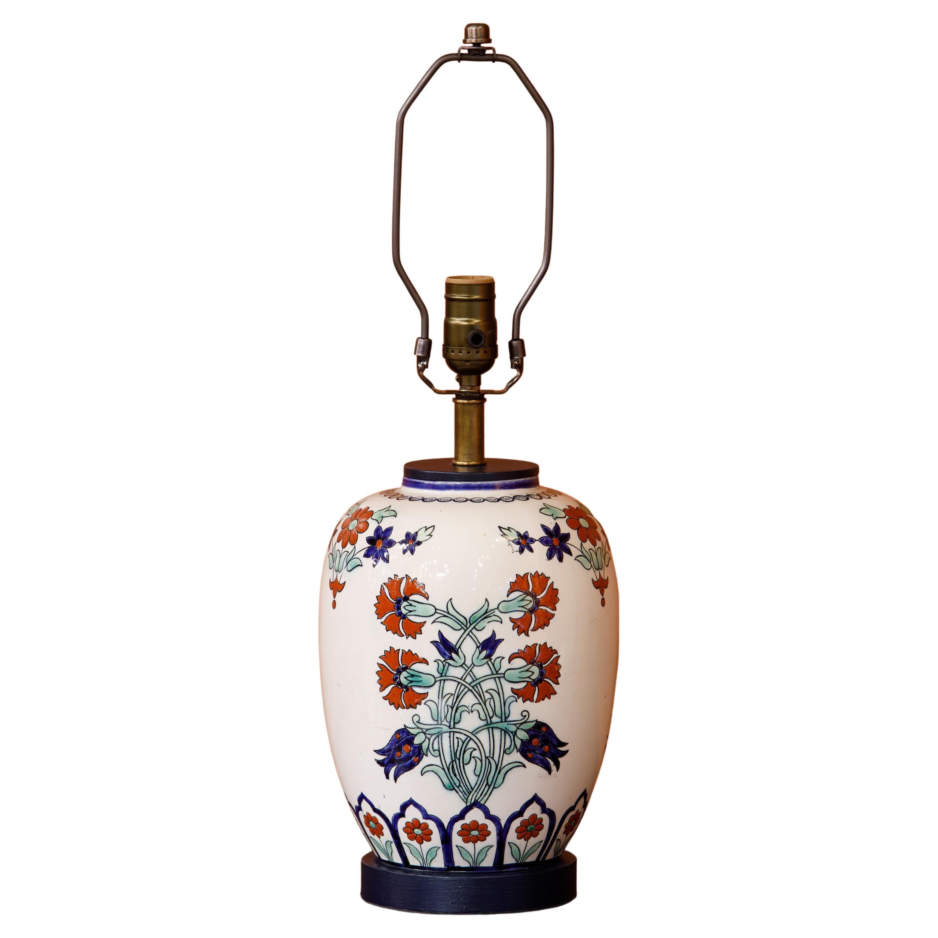 Hand-Painted Table Lamp with Geometric Floral Motif