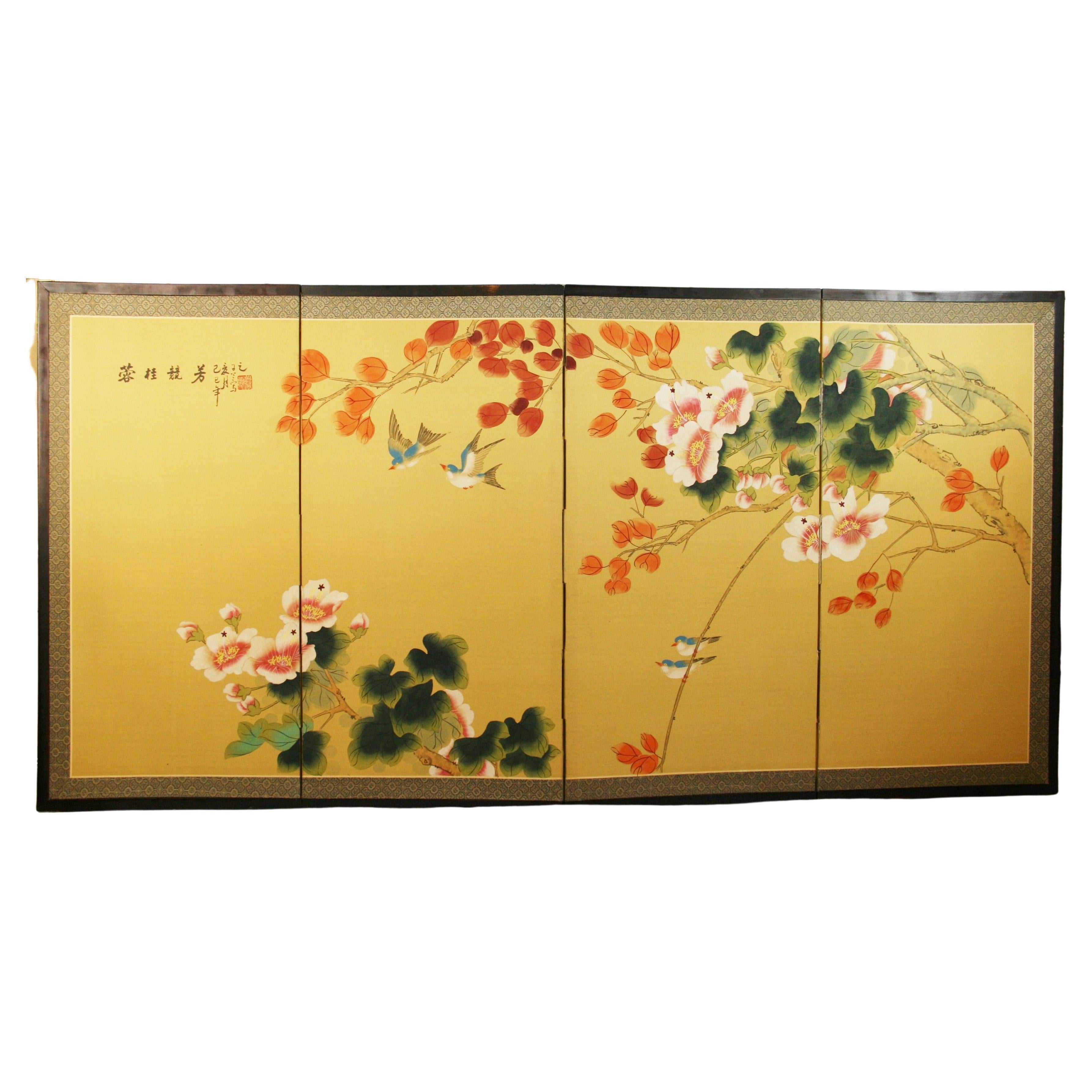 Hand Painted Four Panel Asian Screen