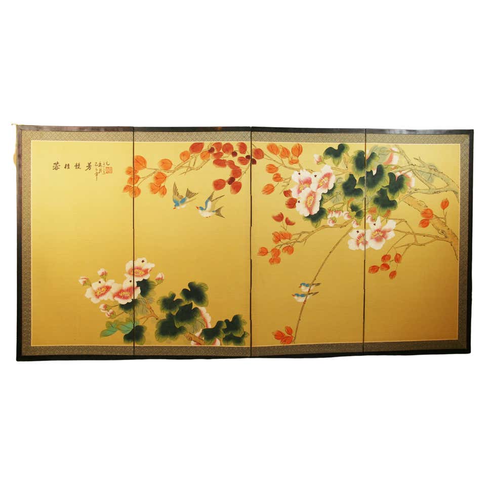 Hand Painted Four Panel Asian Screen For Sale at 1stDibs