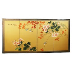 Vintage Hand Painted Four Panel Asian Screen