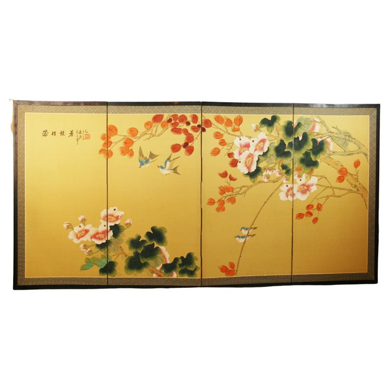 Hand Painted Four Panel Asian Screen For Sale
