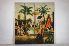 Hand-Painted Four-Panel Chinese Export Screen with Tropical Court Scene