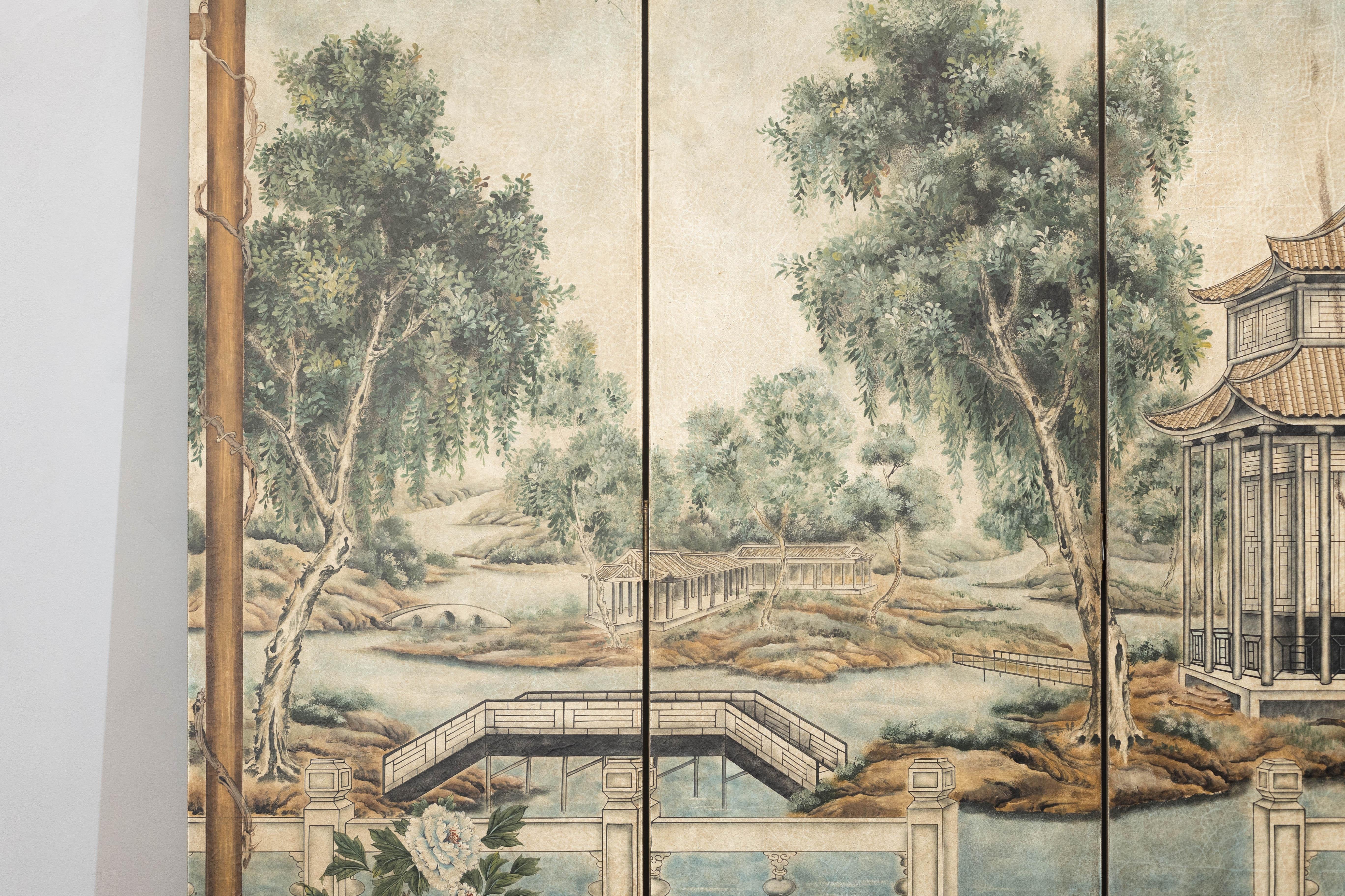Hand-Painted Four-Panel Chinese Screen with Garden Pavilion and Peony Motifs For Sale 4