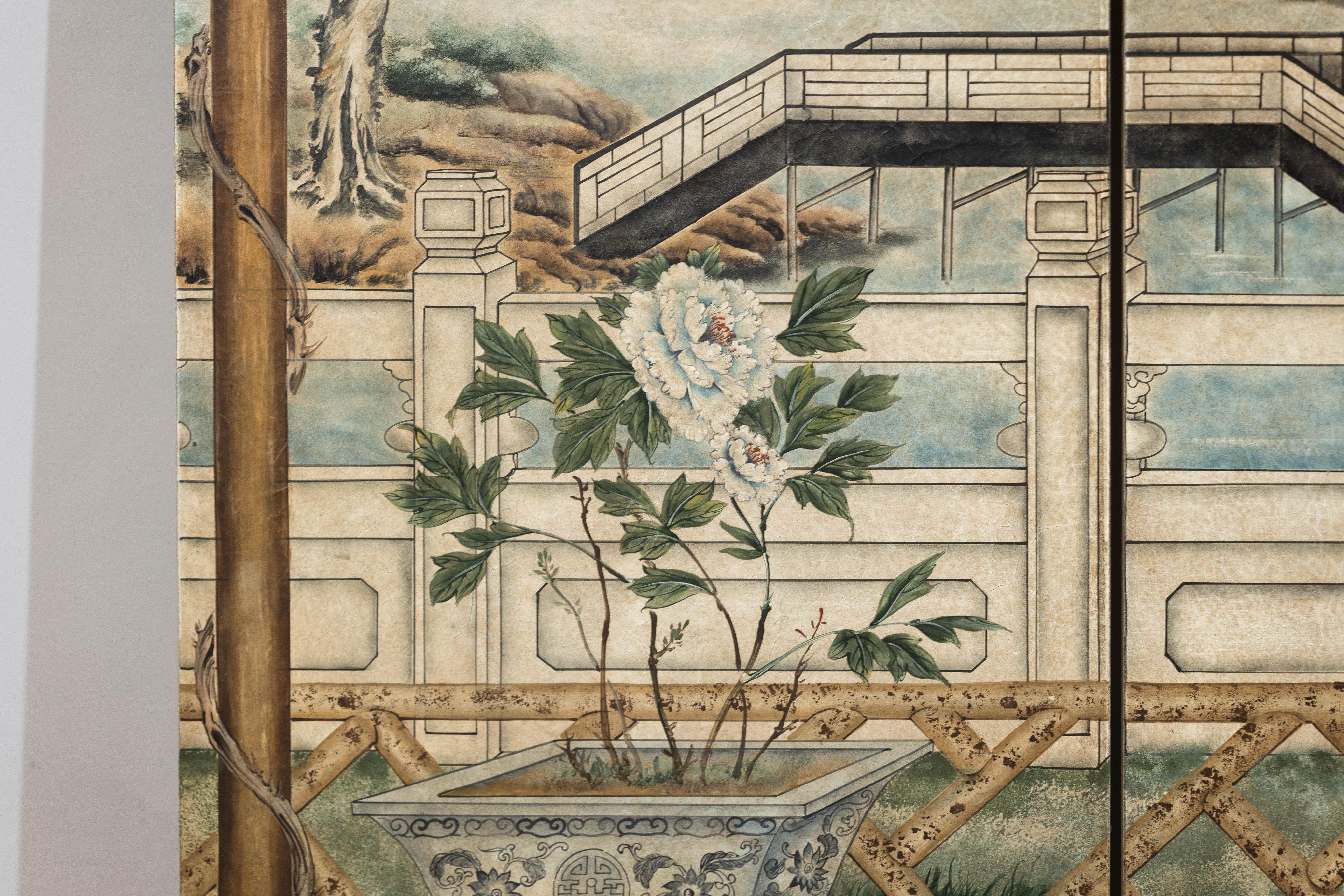 Hand-Painted Four-Panel Chinese Screen with Garden Pavilion and Peony Motifs For Sale 5