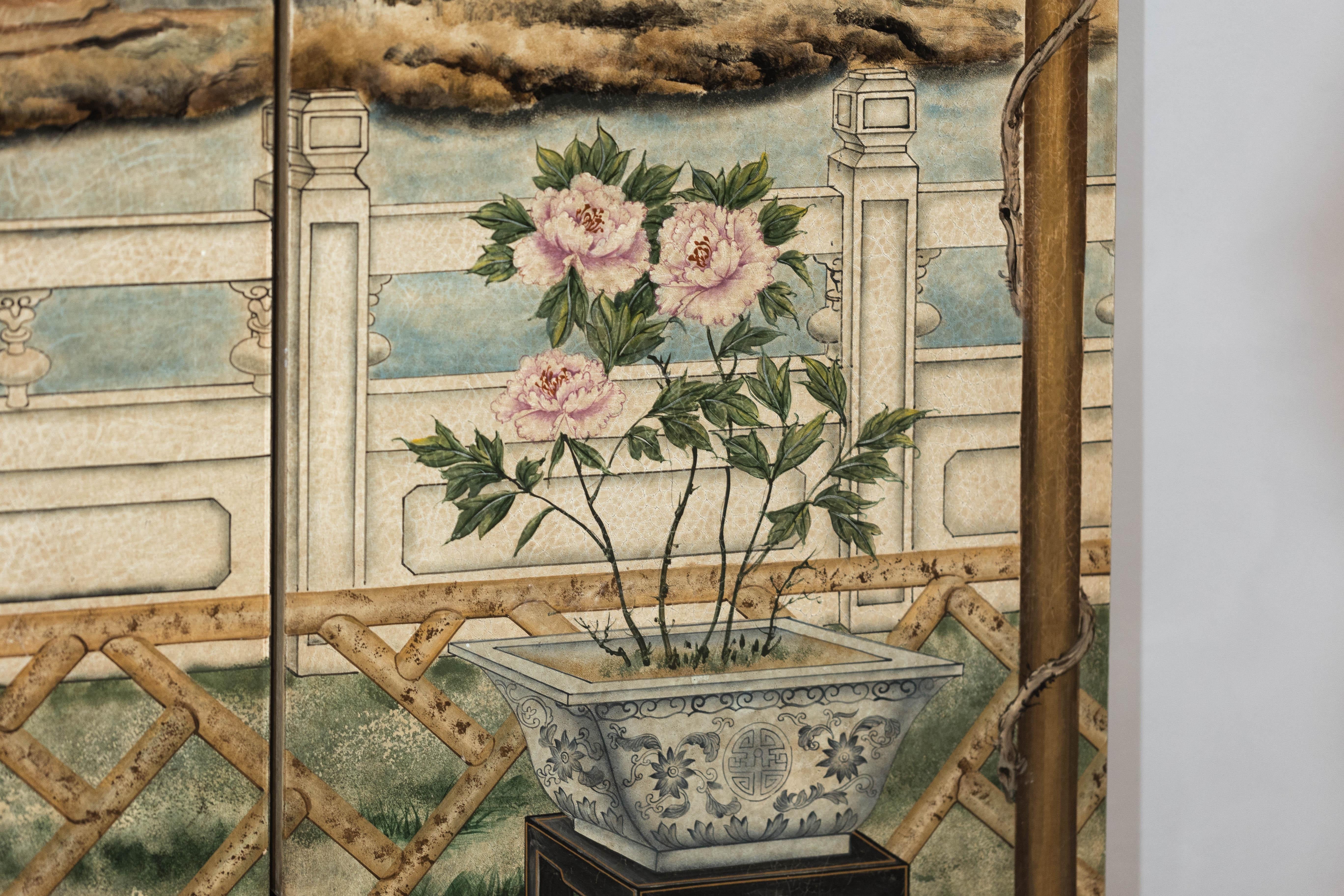 Hand-Painted Four-Panel Chinese Screen with Garden Pavilion and Peony Motifs For Sale 6