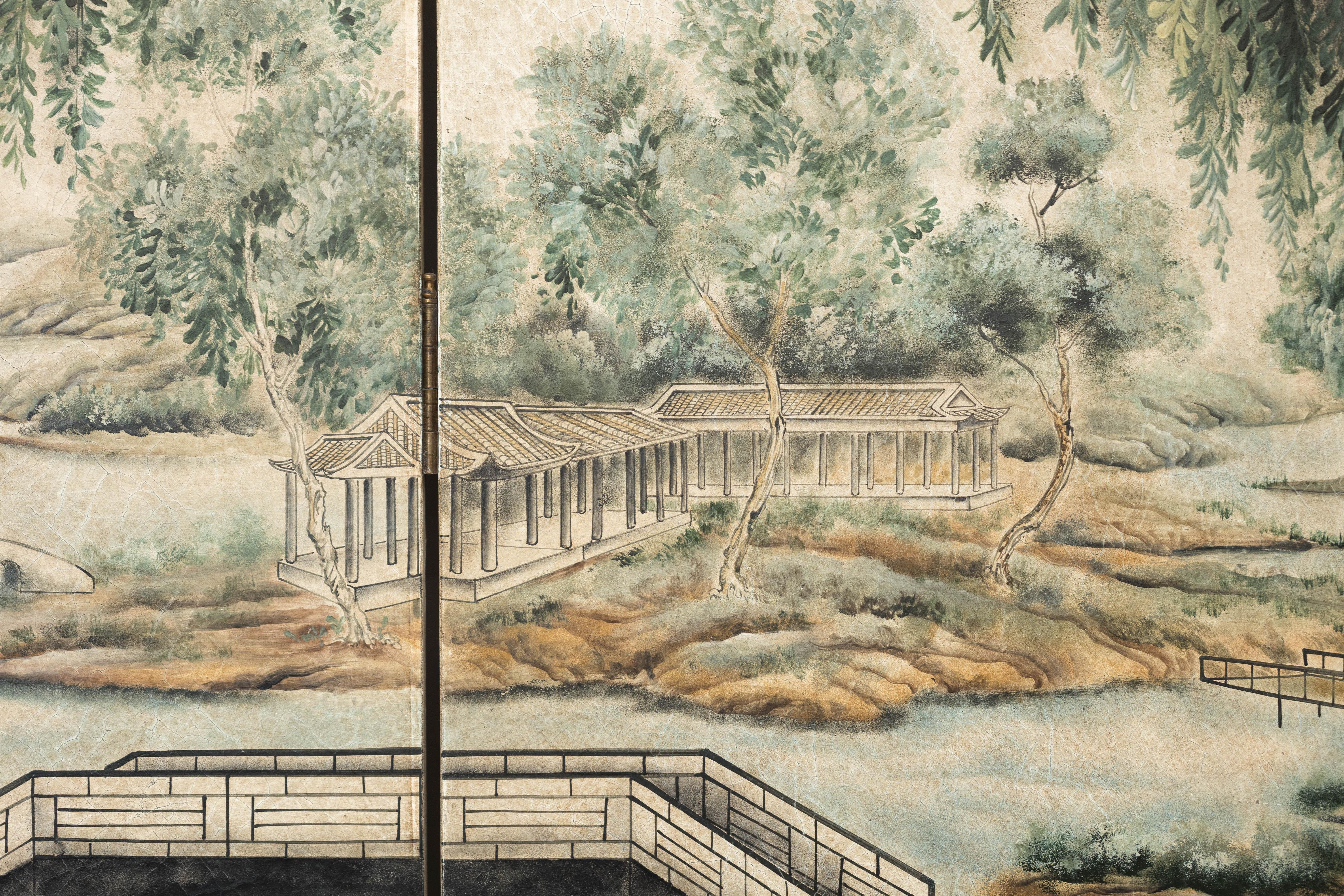 Hand-Painted Four-Panel Chinese Screen with Garden Pavilion and Peony Motifs For Sale 7
