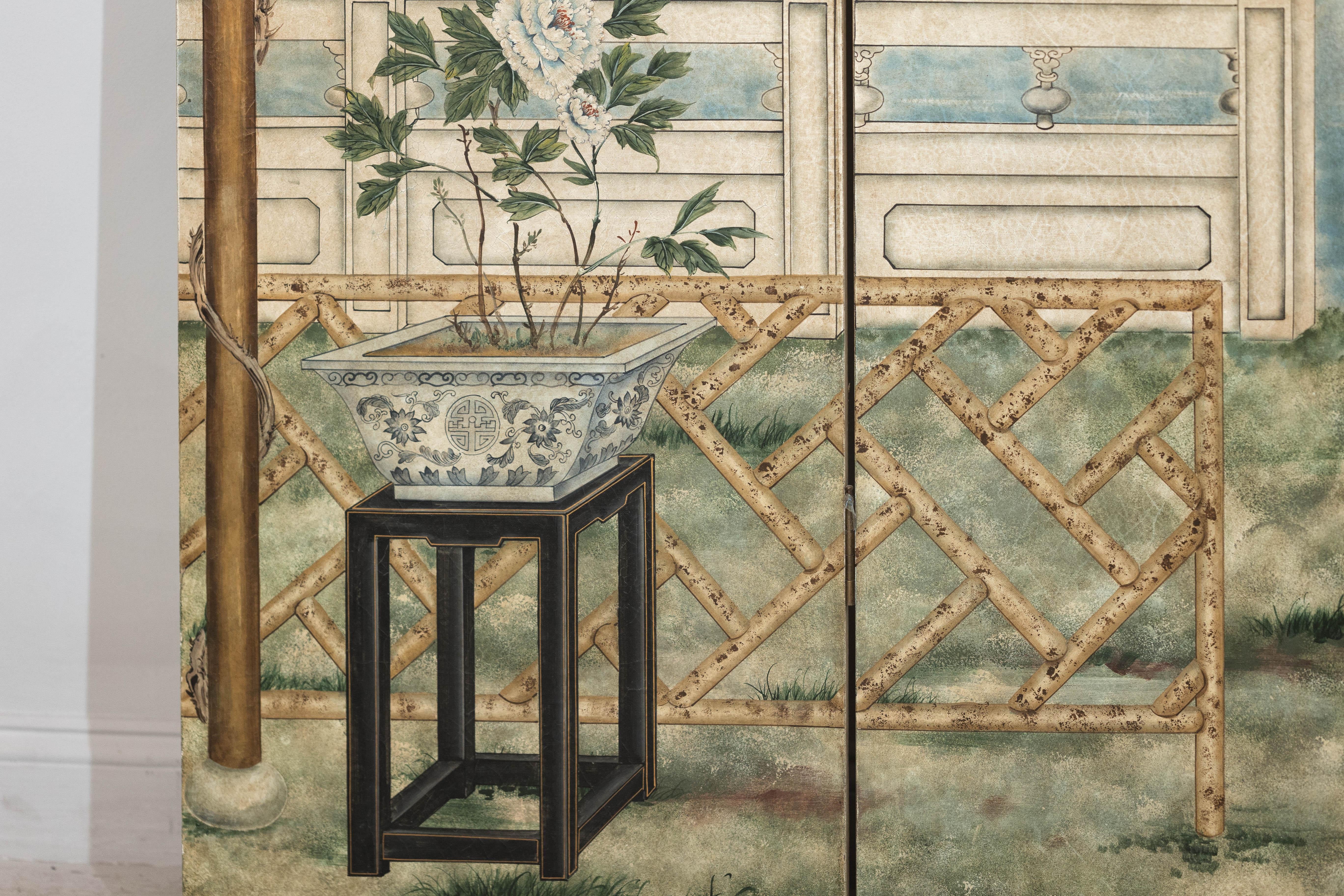 Hand-Painted Four-Panel Chinese Screen with Garden Pavilion and Peony Motifs For Sale 8