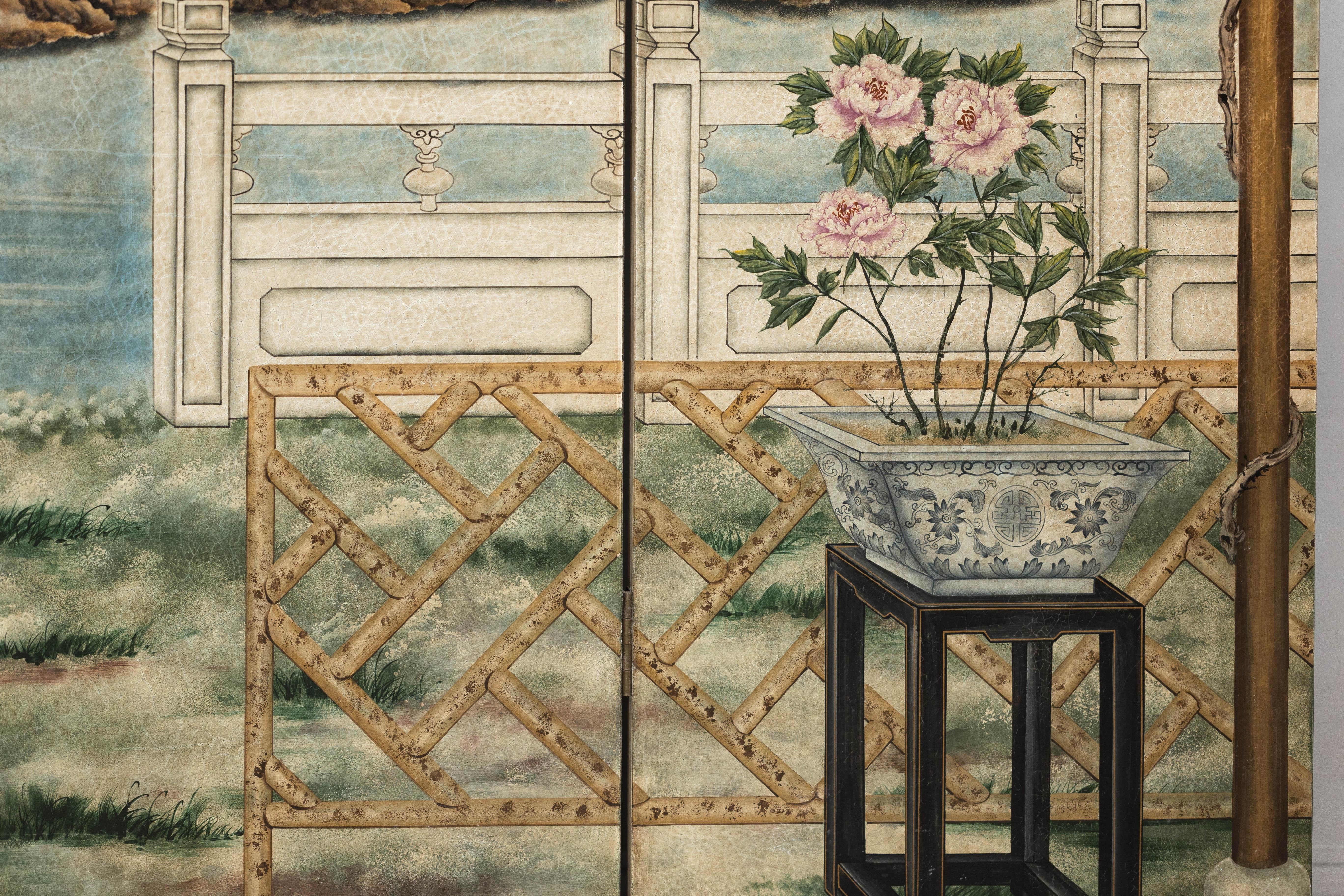 Hand-Painted Four-Panel Chinese Screen with Garden Pavilion and Peony Motifs For Sale 9