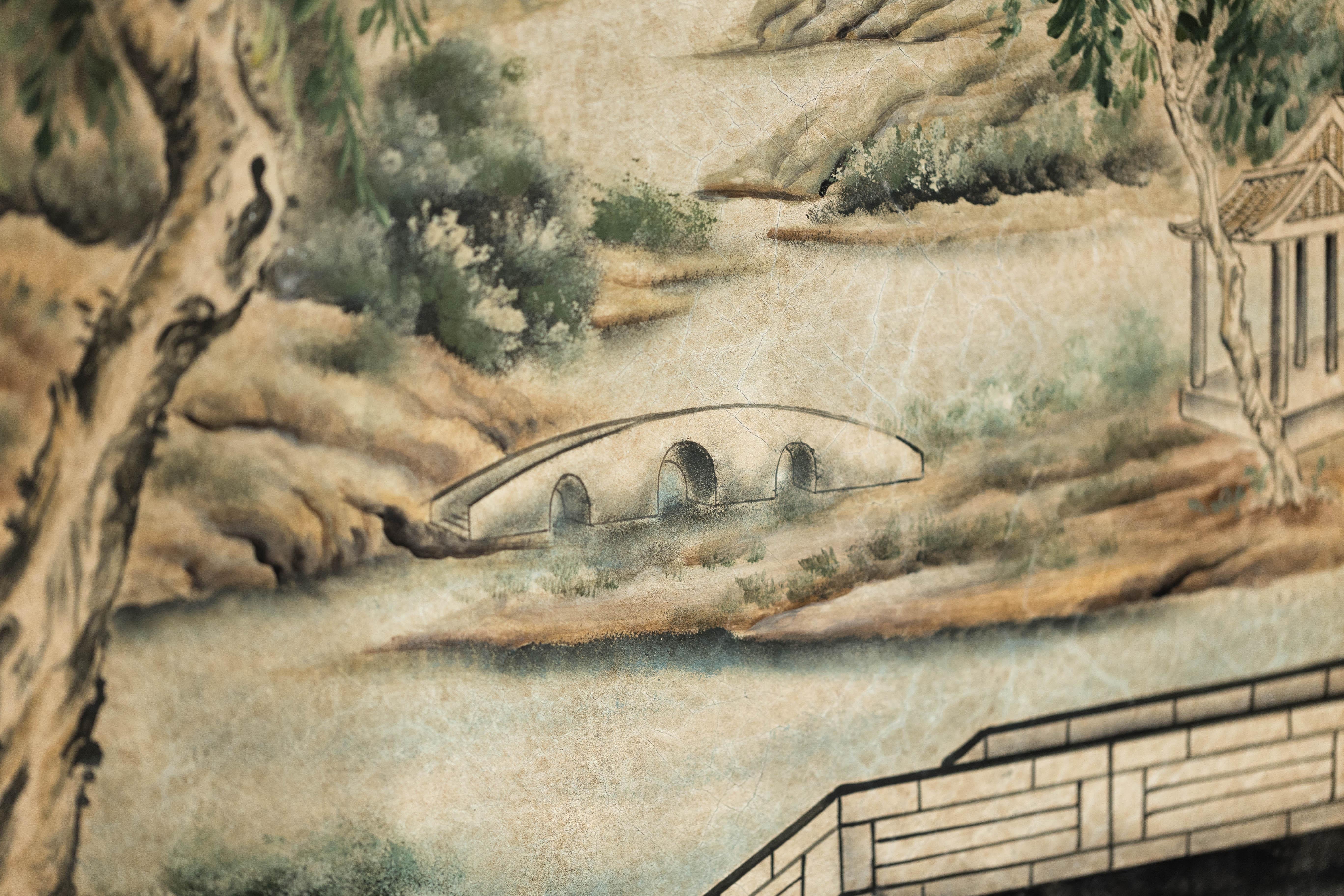 Hand-Painted Four-Panel Chinese Screen with Garden Pavilion and Peony Motifs For Sale 11