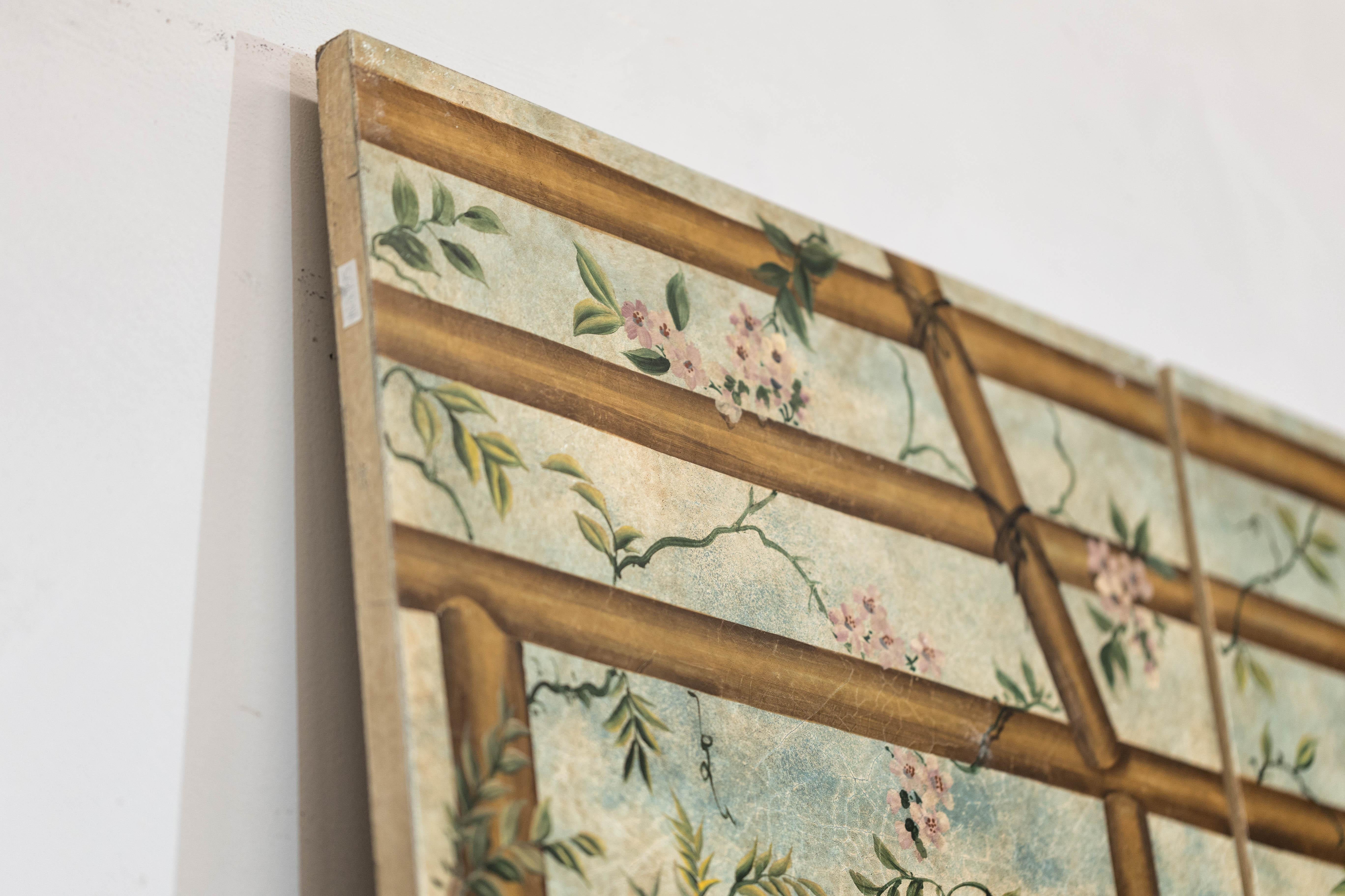 Hand-Painted Four-Panel Chinese Screen with Garden Pavilion and Peony Motifs For Sale 12