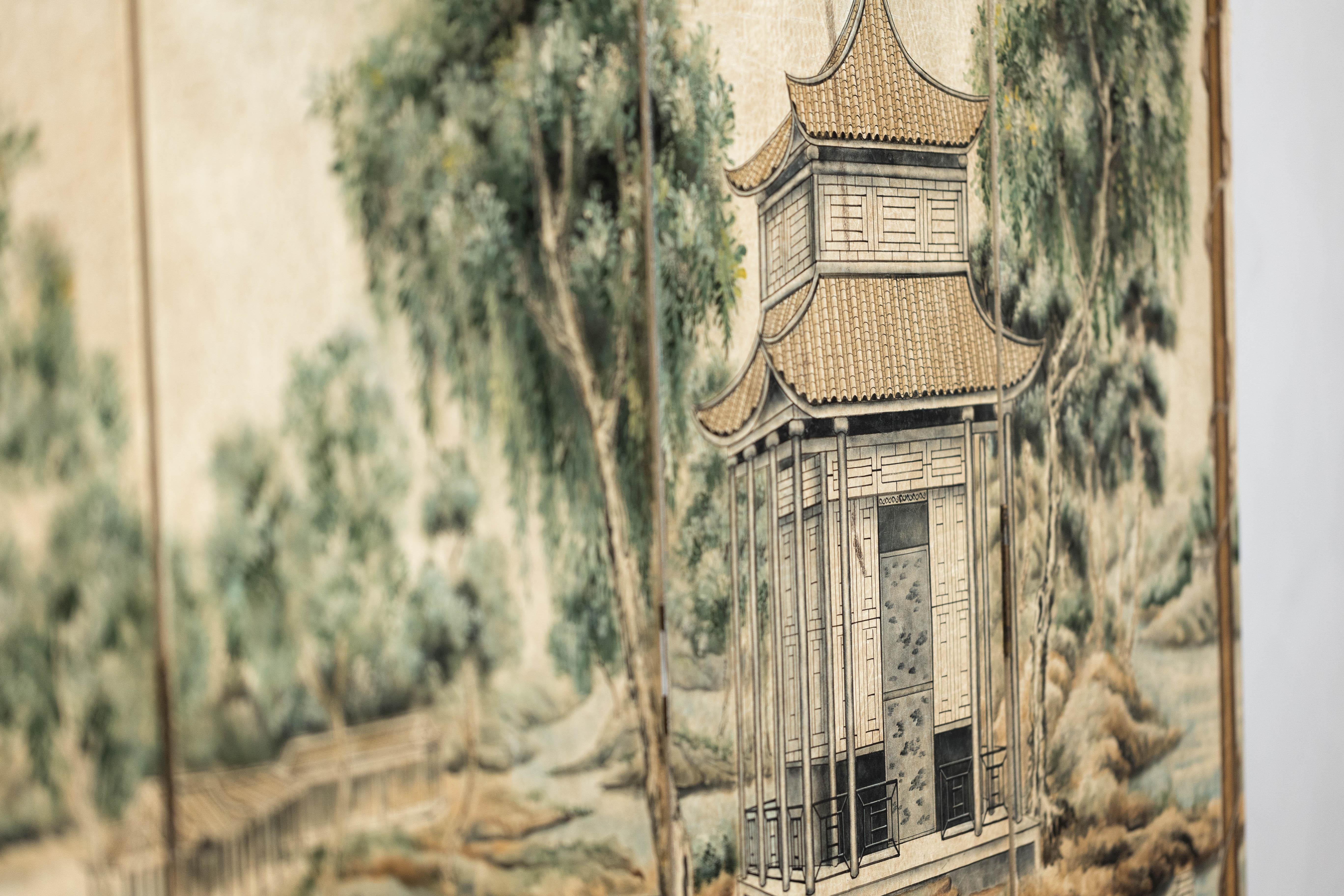 Hand-Painted Four-Panel Chinese Screen with Garden Pavilion and Peony Motifs For Sale 13