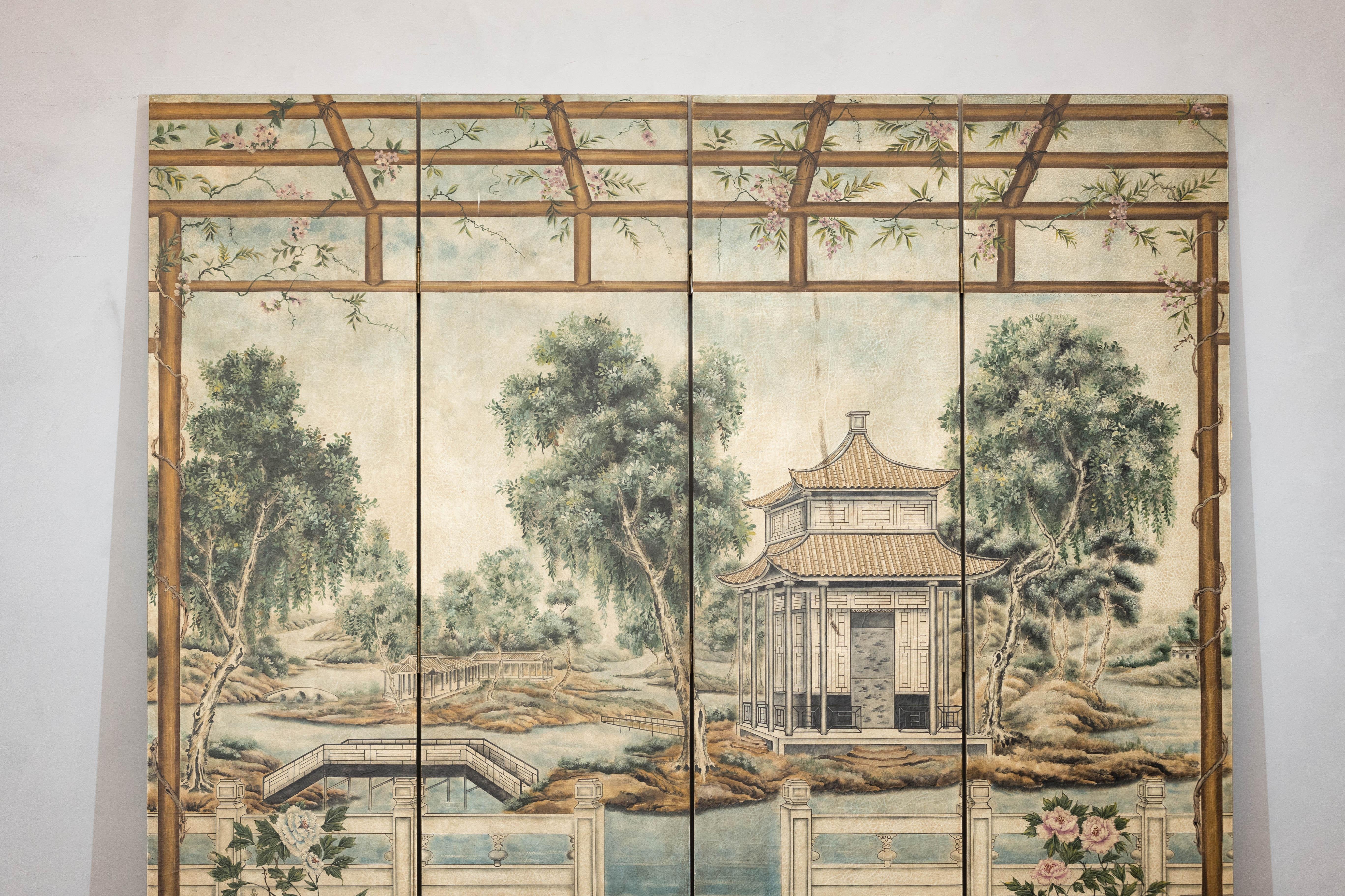 Lacquered Hand-Painted Four-Panel Chinese Screen with Garden Pavilion and Peony Motifs For Sale