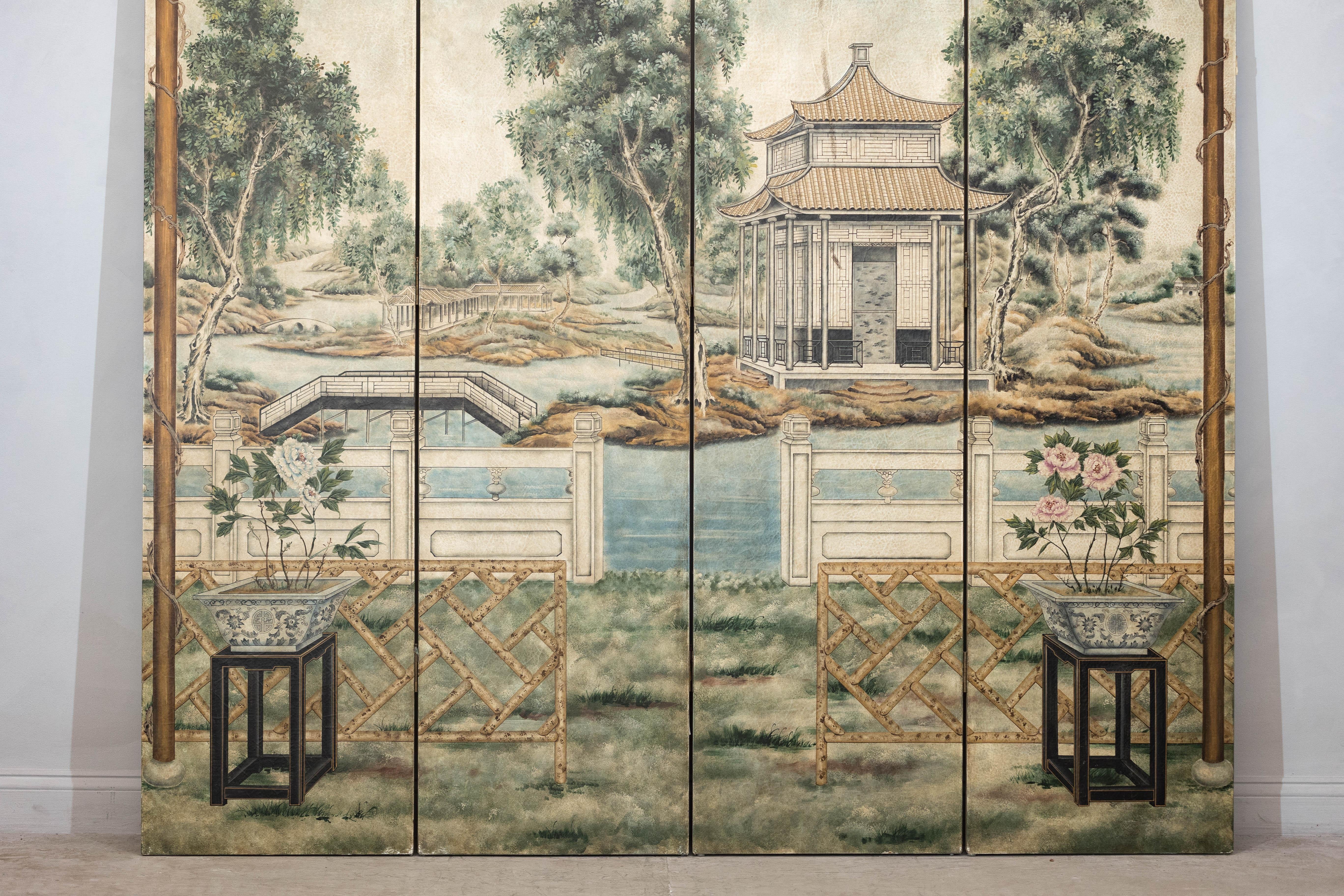 Hand-Painted Four-Panel Chinese Screen with Garden Pavilion and Peony Motifs In Good Condition For Sale In Yonkers, NY