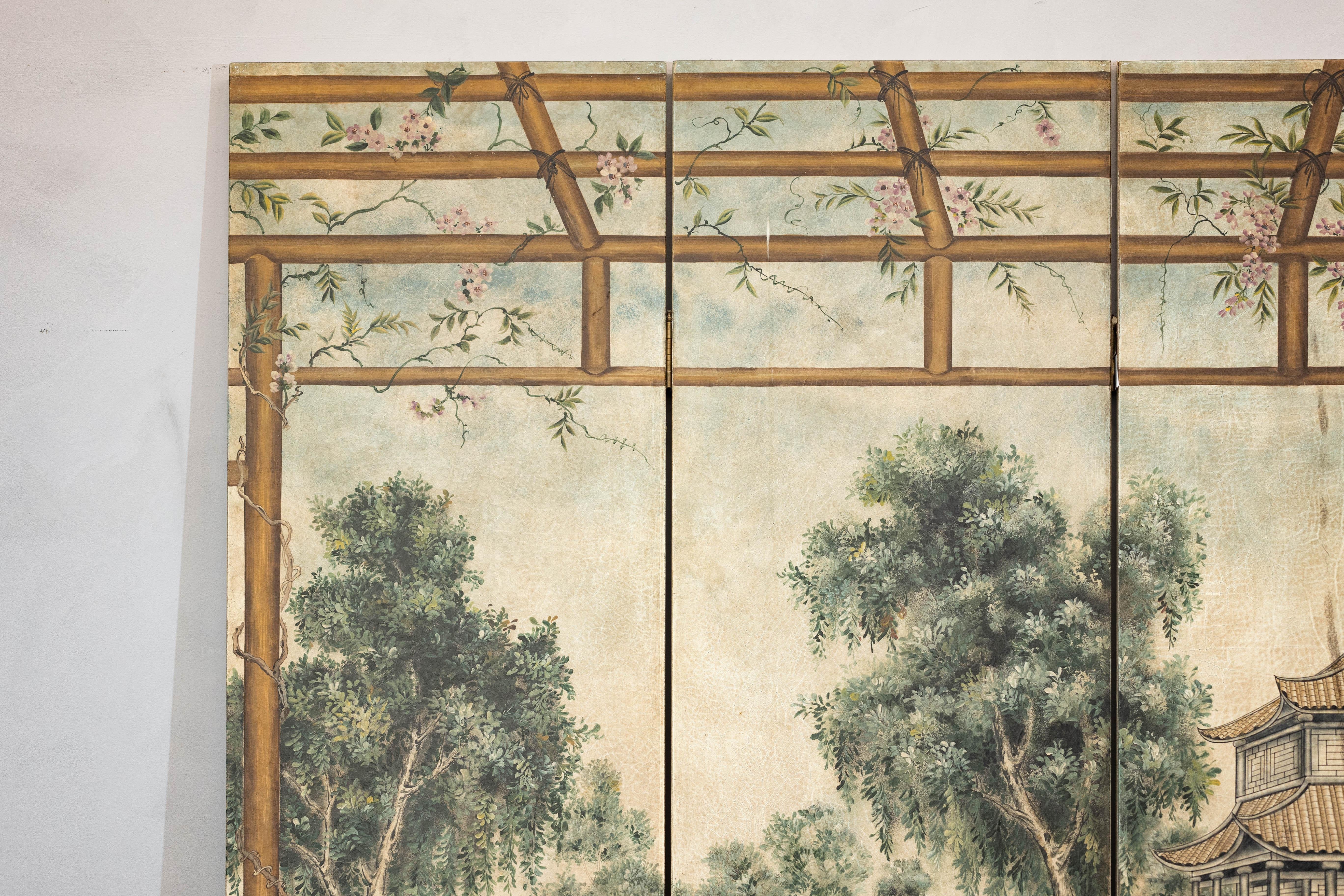 20th Century Hand-Painted Four-Panel Chinese Screen with Garden Pavilion and Peony Motifs For Sale