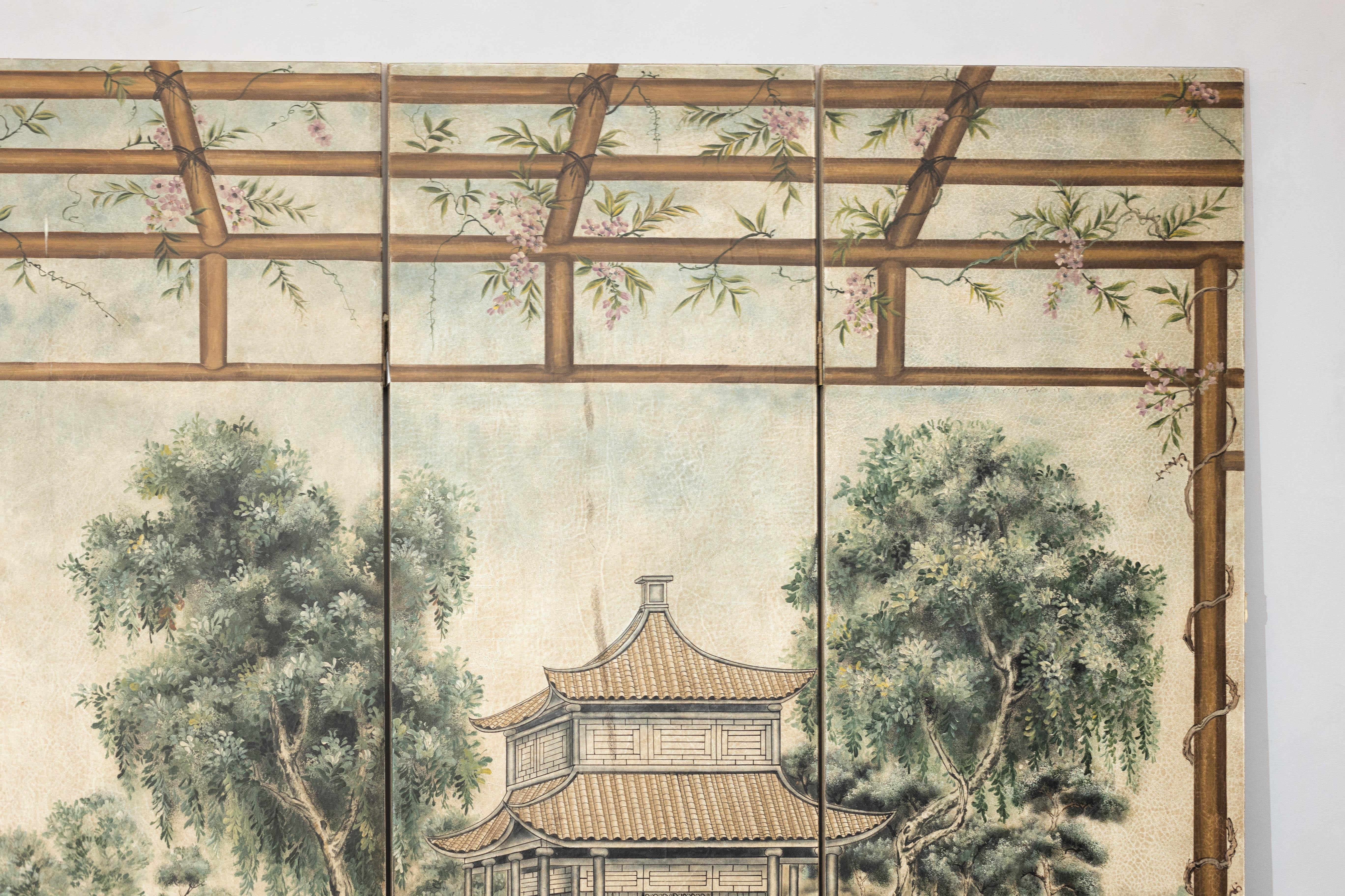 Wood Hand-Painted Four-Panel Chinese Screen with Garden Pavilion and Peony Motifs For Sale