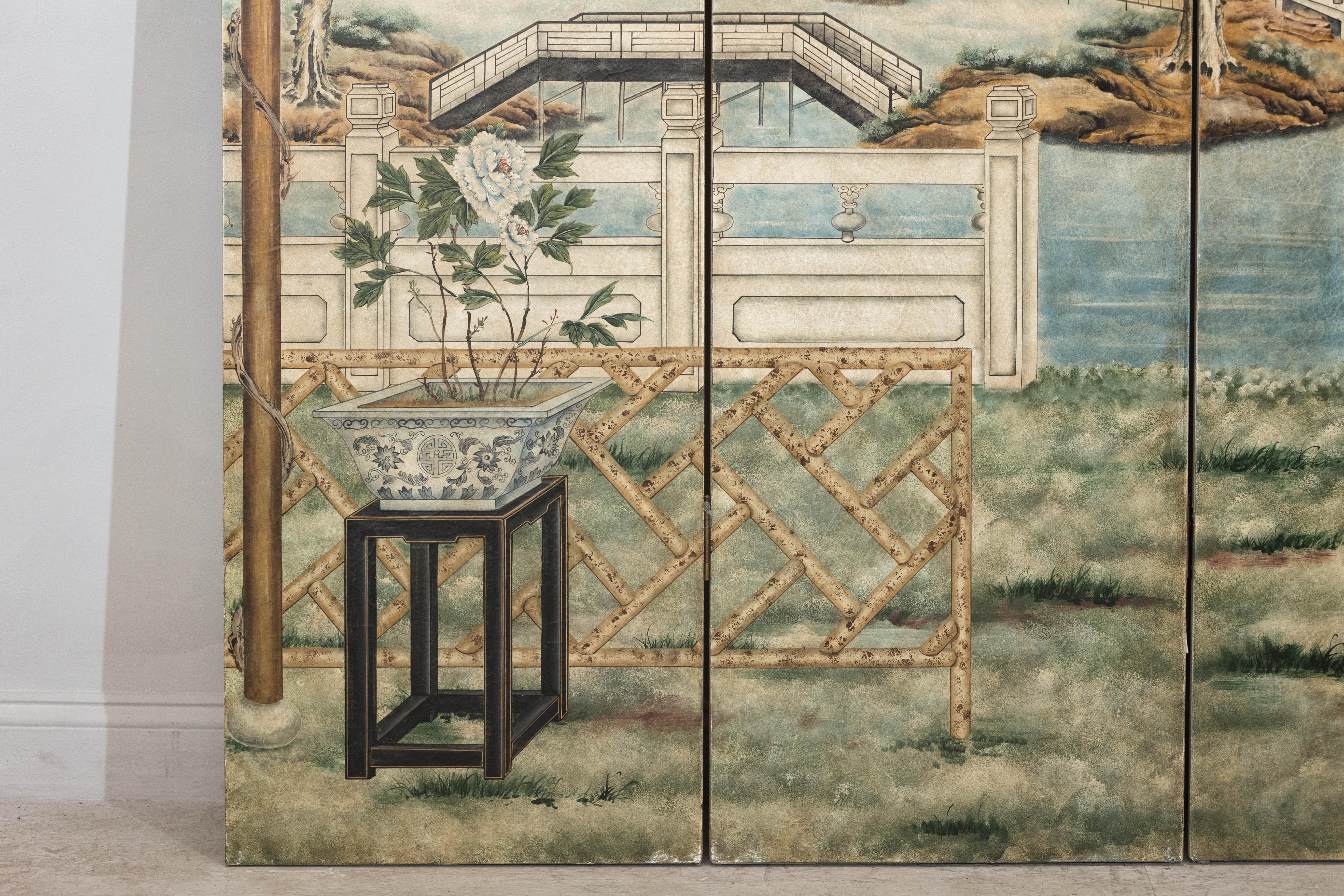 Hand-Painted Four-Panel Chinese Screen with Garden Pavilion and Peony Motifs For Sale 1