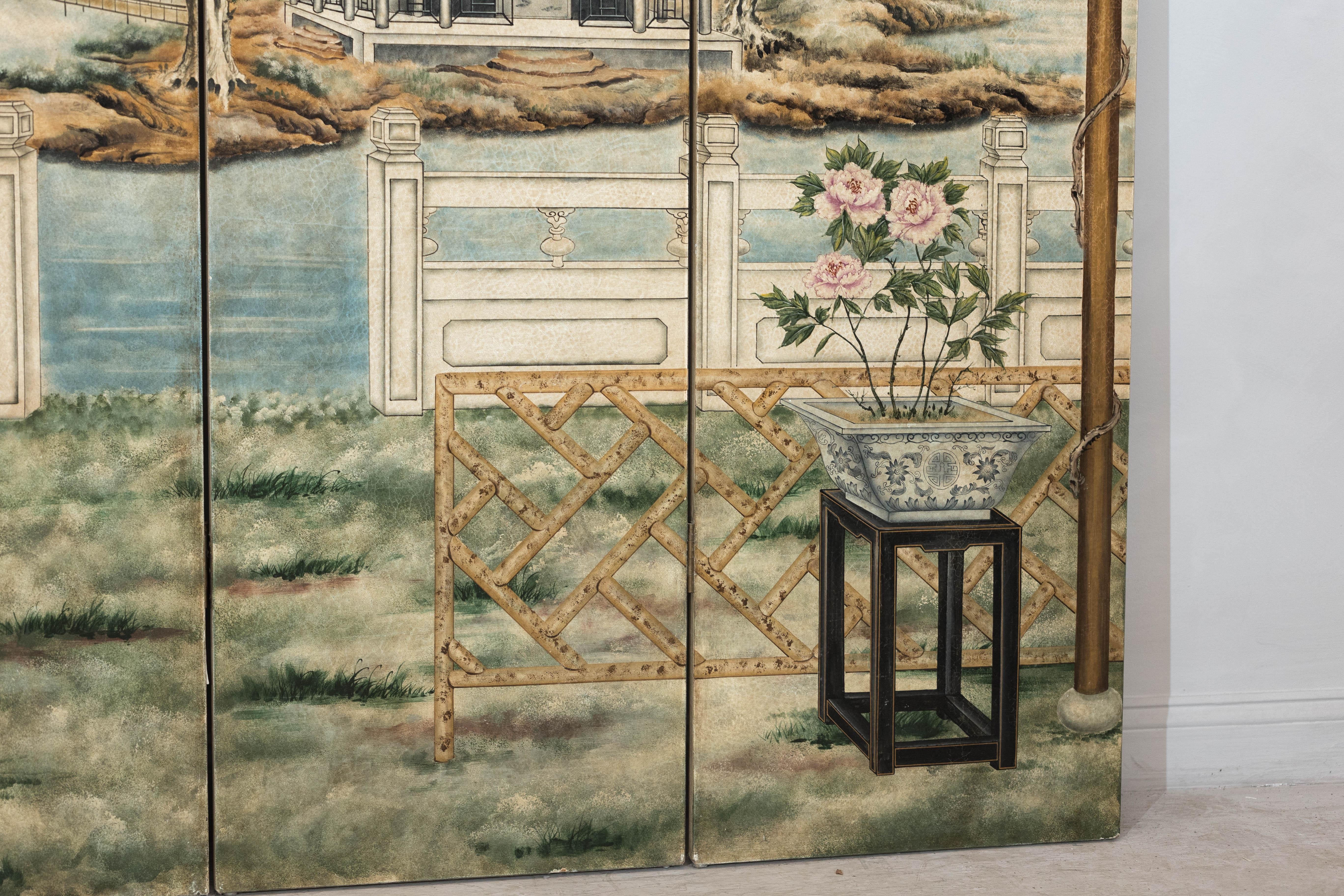 Hand-Painted Four-Panel Chinese Screen with Garden Pavilion and Peony Motifs For Sale 2