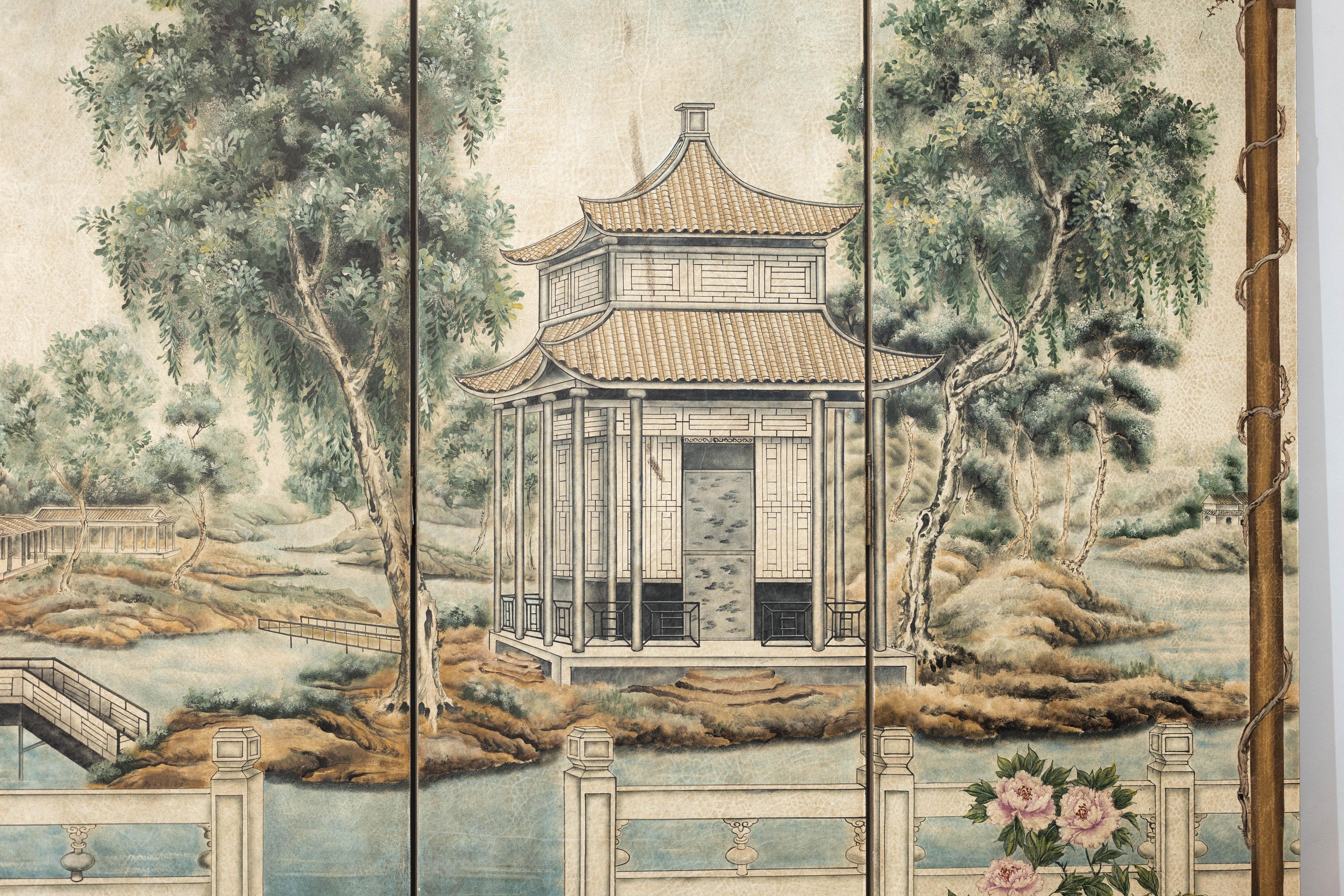 Hand-Painted Four-Panel Chinese Screen with Garden Pavilion and Peony Motifs For Sale 3