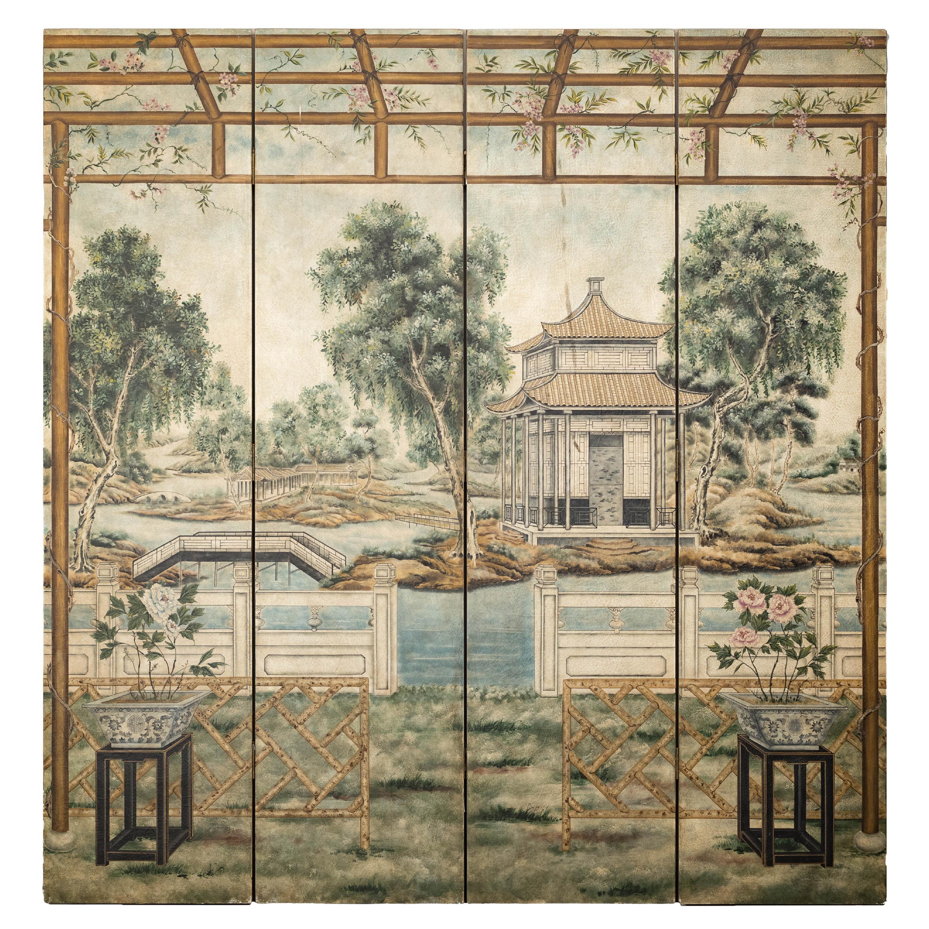 Hand-Painted Four-Panel Chinese Screen with Garden Pavilion and Peony Motifs For Sale