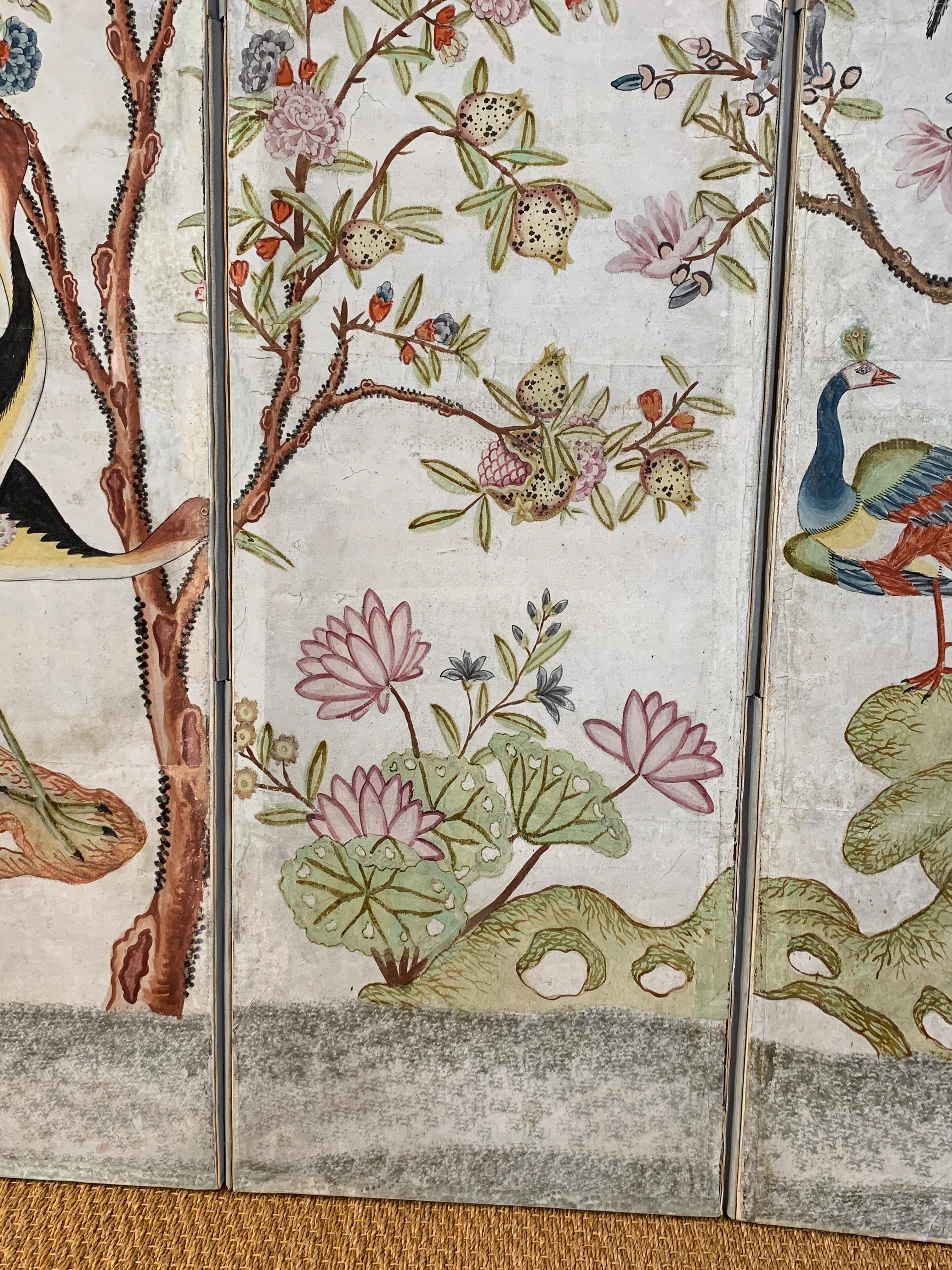 Hand Painted Four Panel Folding Screen in the Style of Gracie or de Gournay 2
