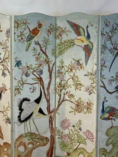 Hand Painted Four Panel Folding Screen in the Style of Gracie or de Gournay
