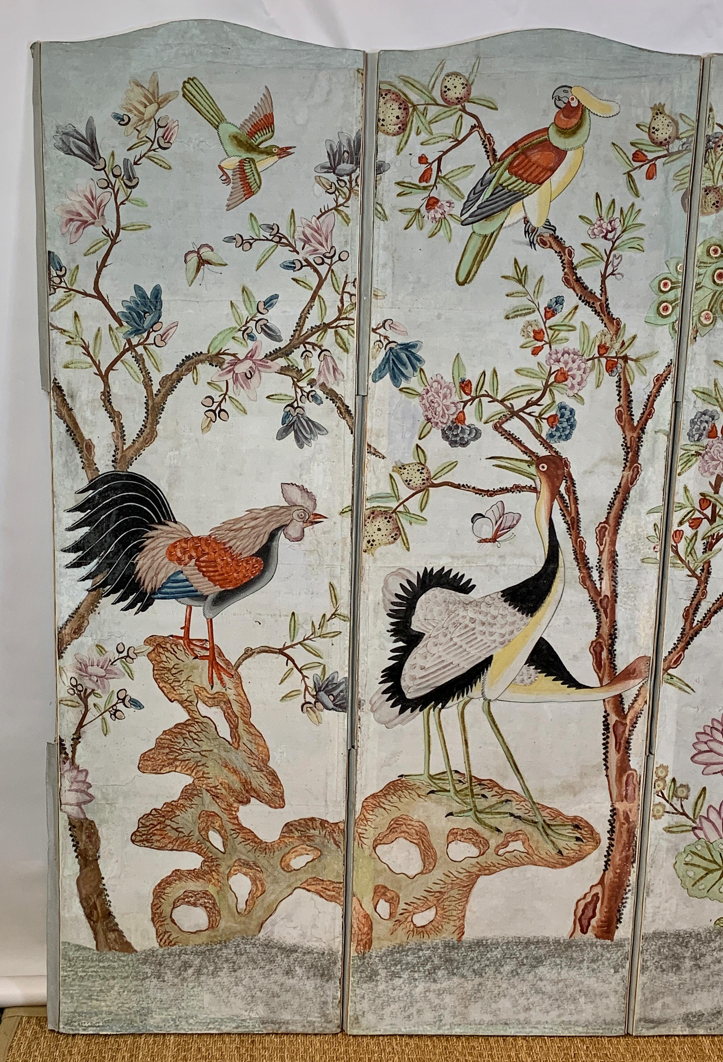 Unknown Hand Painted Four Panel Folding Screen in the Style of Gracie or de Gournay