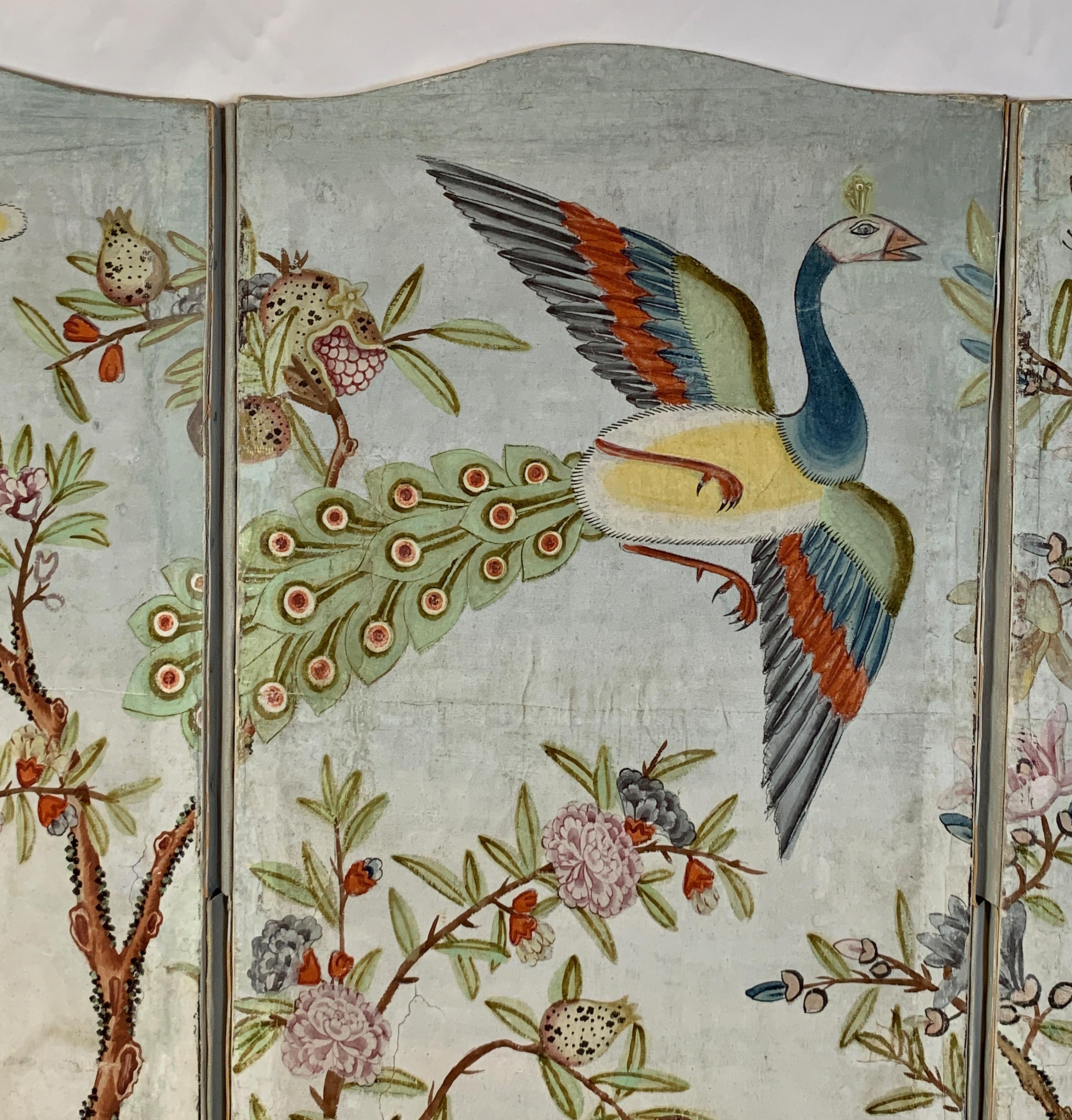 20th Century Hand Painted Four Panel Folding Screen in the Style of Gracie or de Gournay