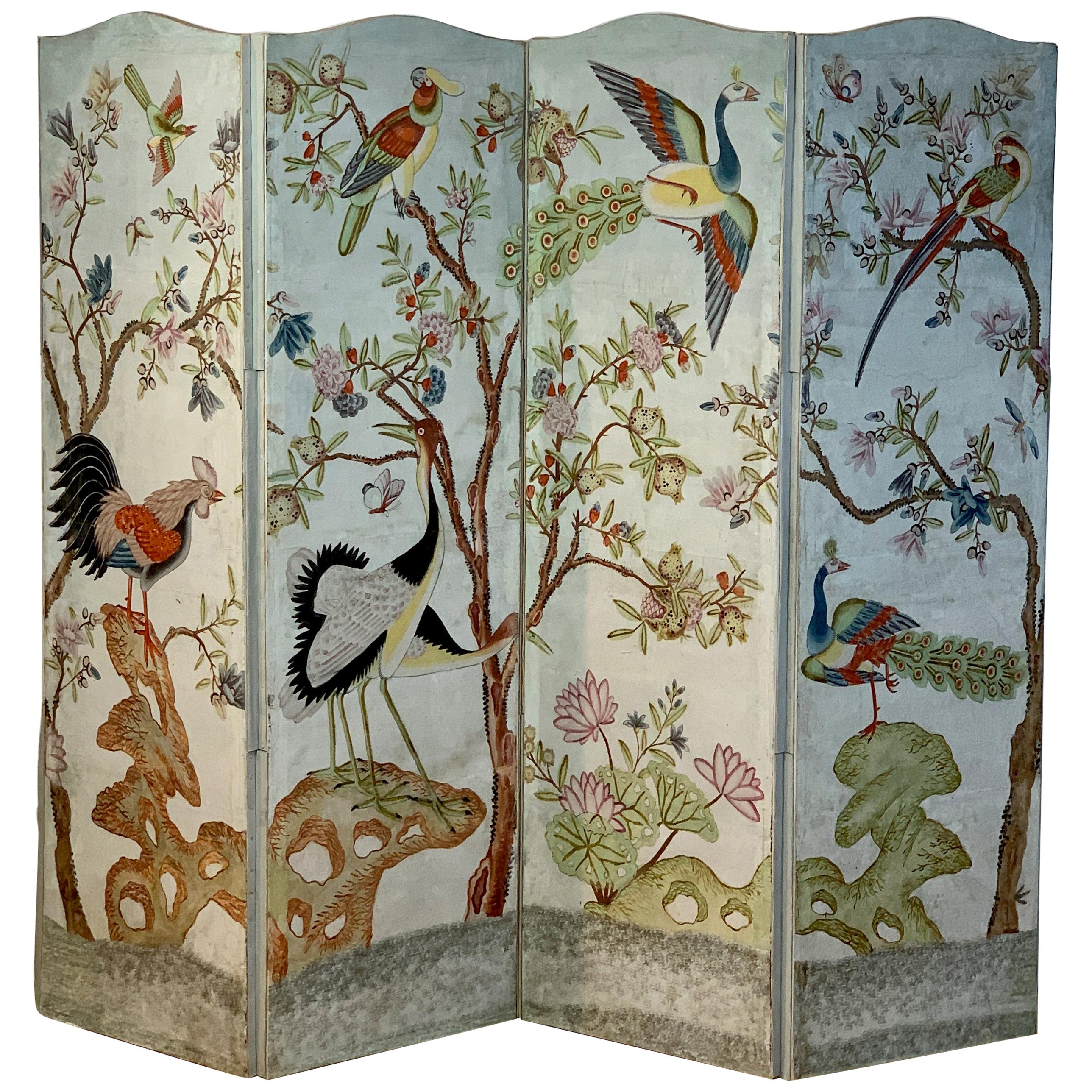 Hand Painted Four Panel Folding Screen in the Style of Gracie or de Gournay