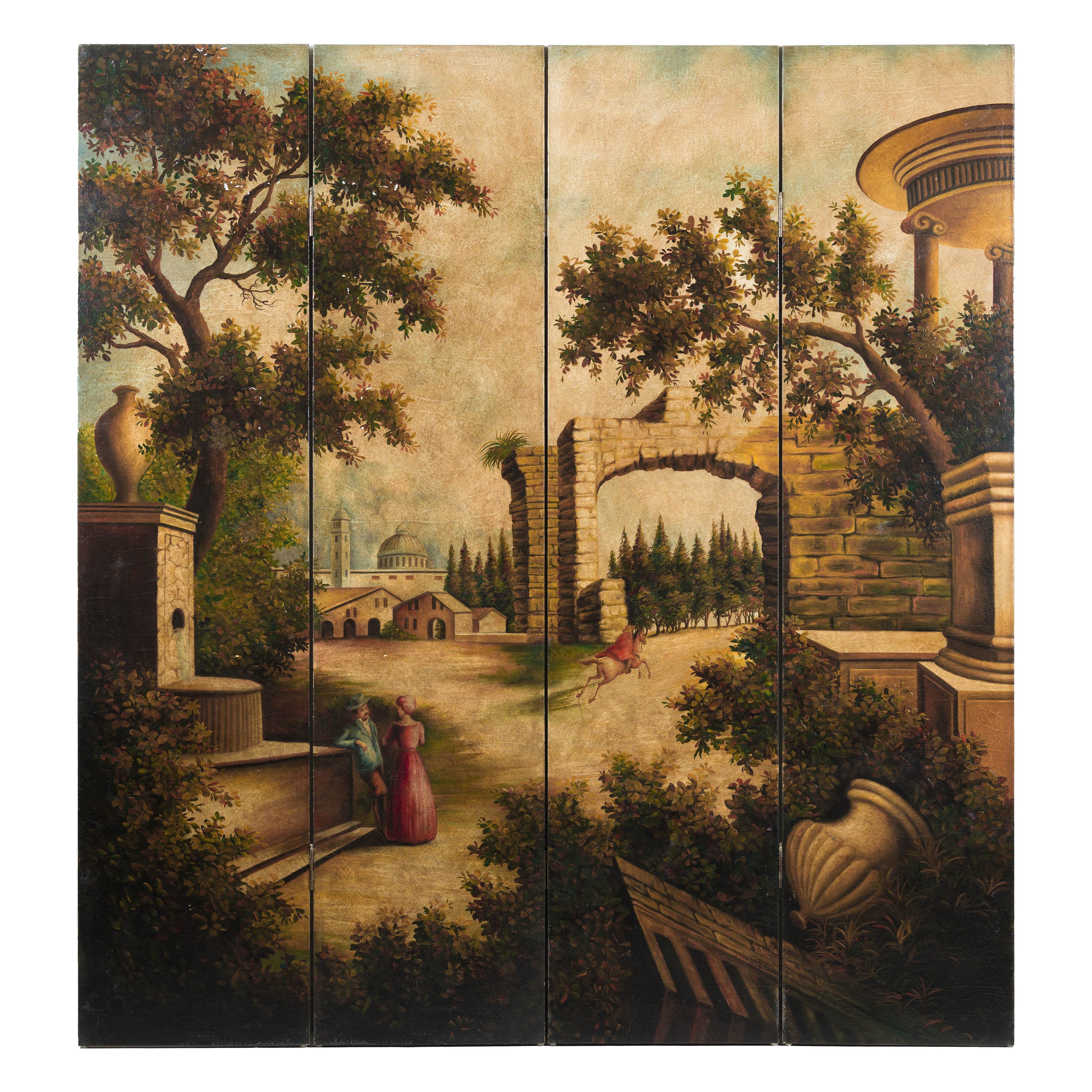 Paravento a quattro pannelli dipinto a mano con scena di paesaggio architettonico in vendita 3