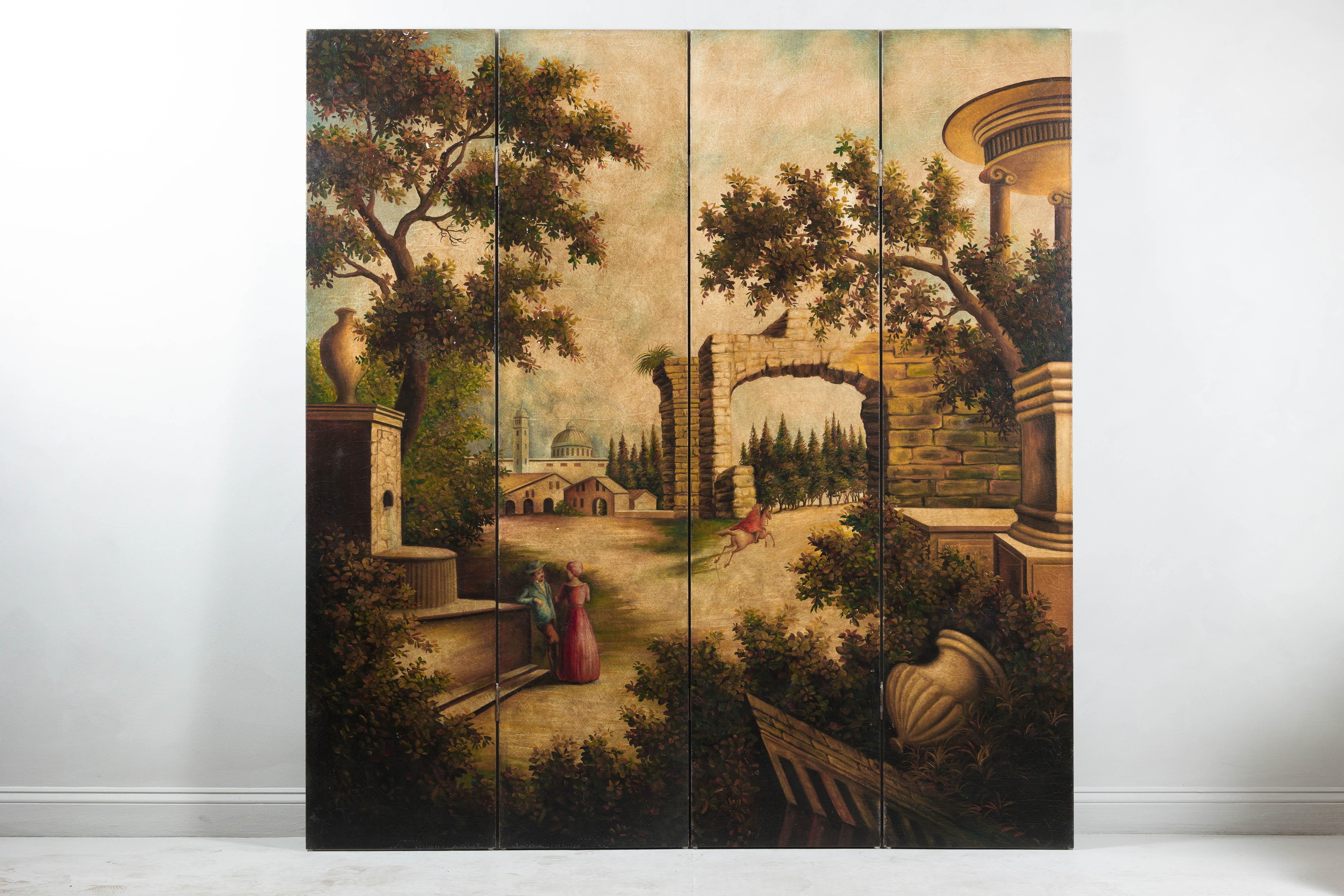 Un paravento pieghevole a quattro pannelli, dipinto a mano con una scena di paesaggio classico, che evoca la grandezza dei dipinti di capriccio di ispirazione europea. Questo pezzo mette in mostra rovine architettoniche, fogliame lussureggiante e