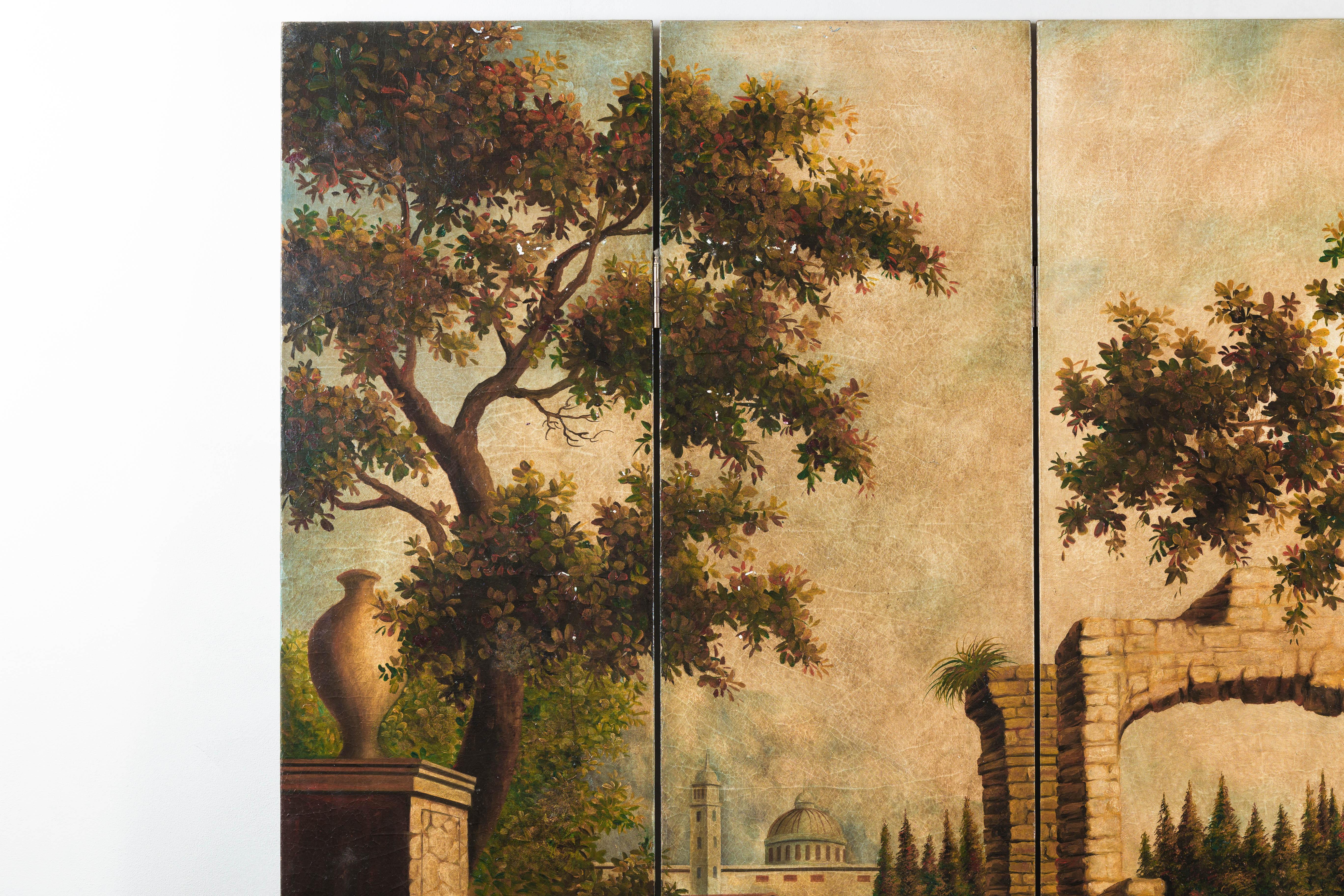 Cinese Paravento a quattro pannelli dipinto a mano con scena di paesaggio architettonico in vendita