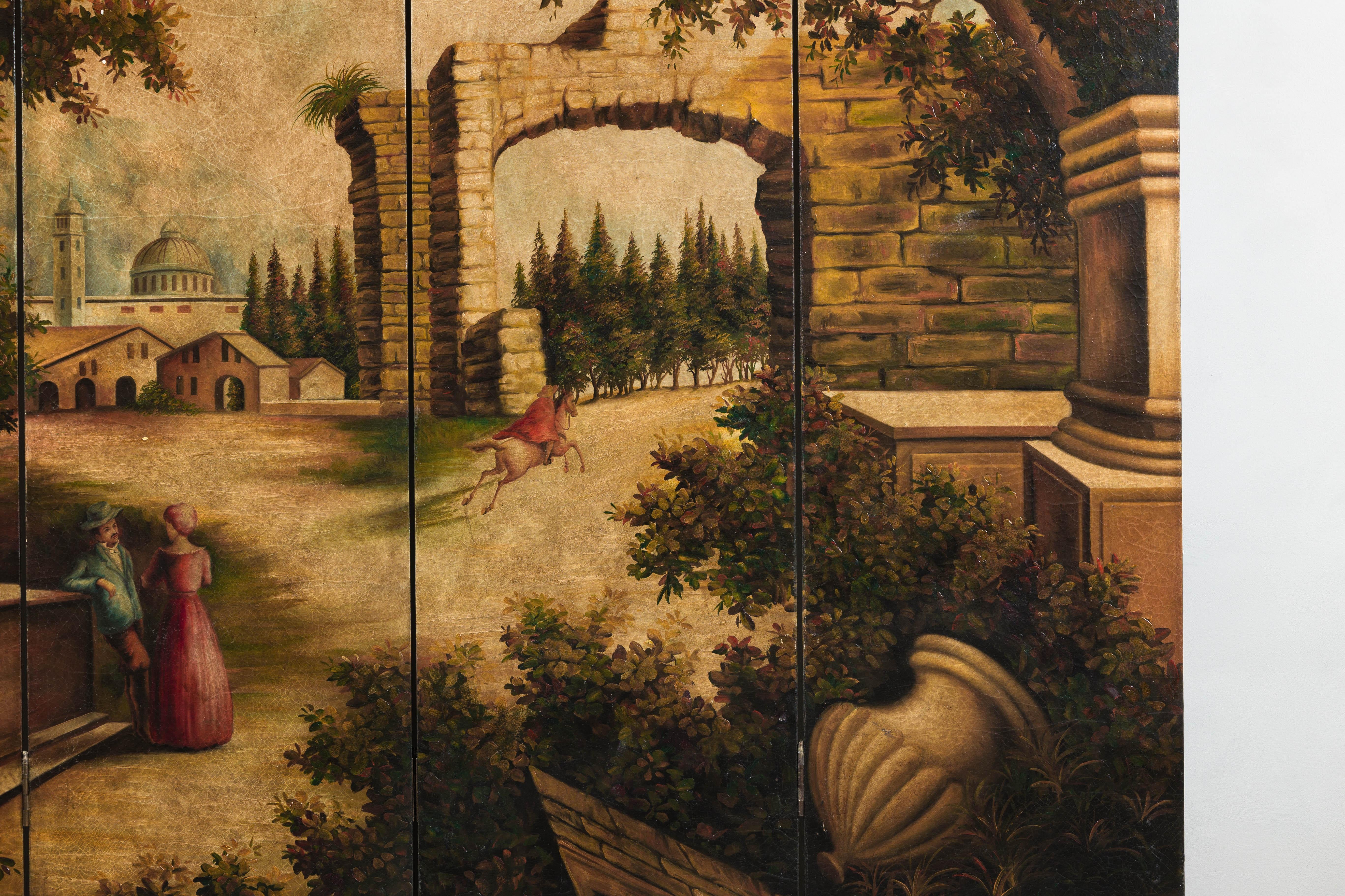 Paravento a quattro pannelli dipinto a mano con scena di paesaggio architettonico In condizioni buone in vendita a Yonkers, NY