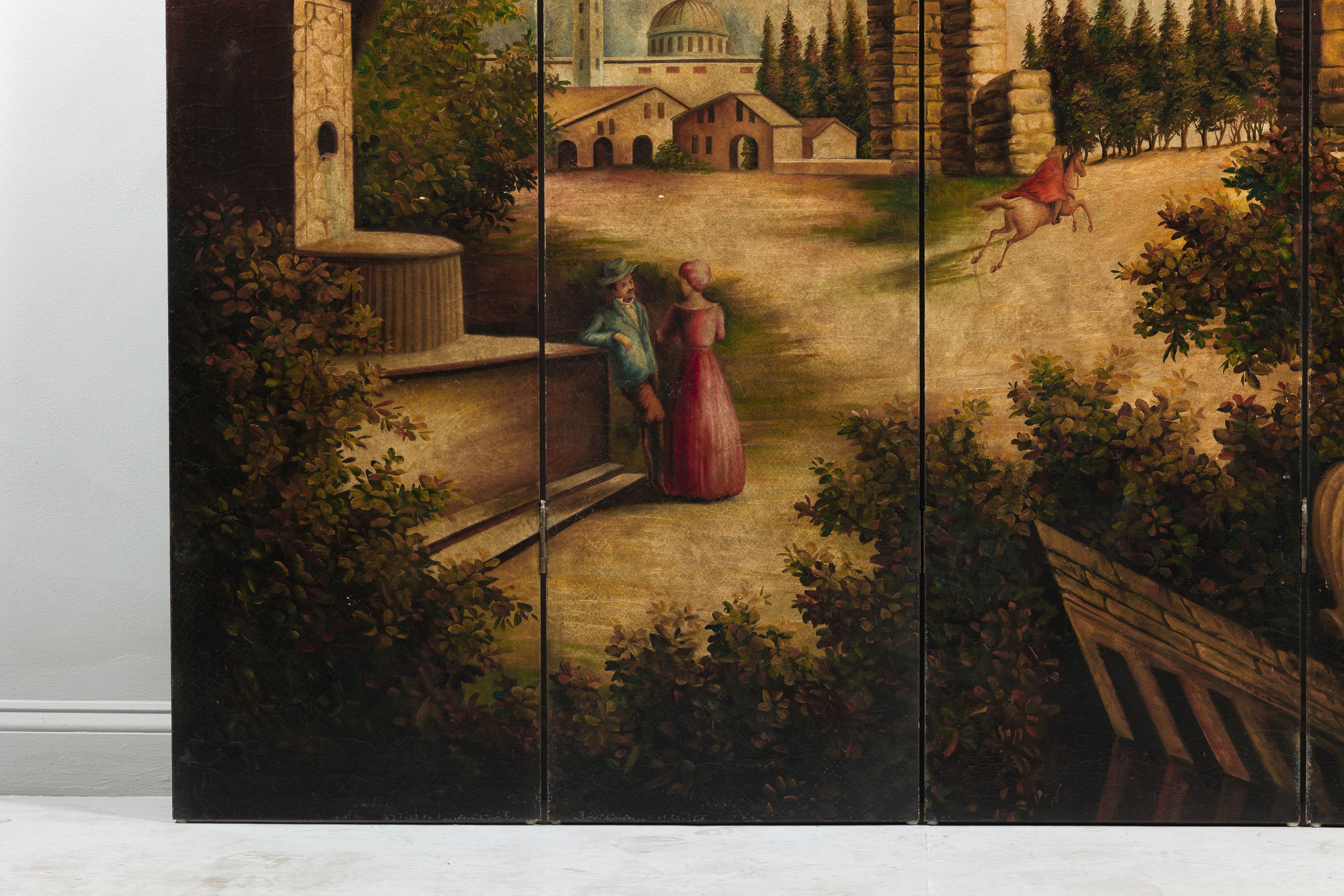 Tela Paravento a quattro pannelli dipinto a mano con scena di paesaggio architettonico in vendita
