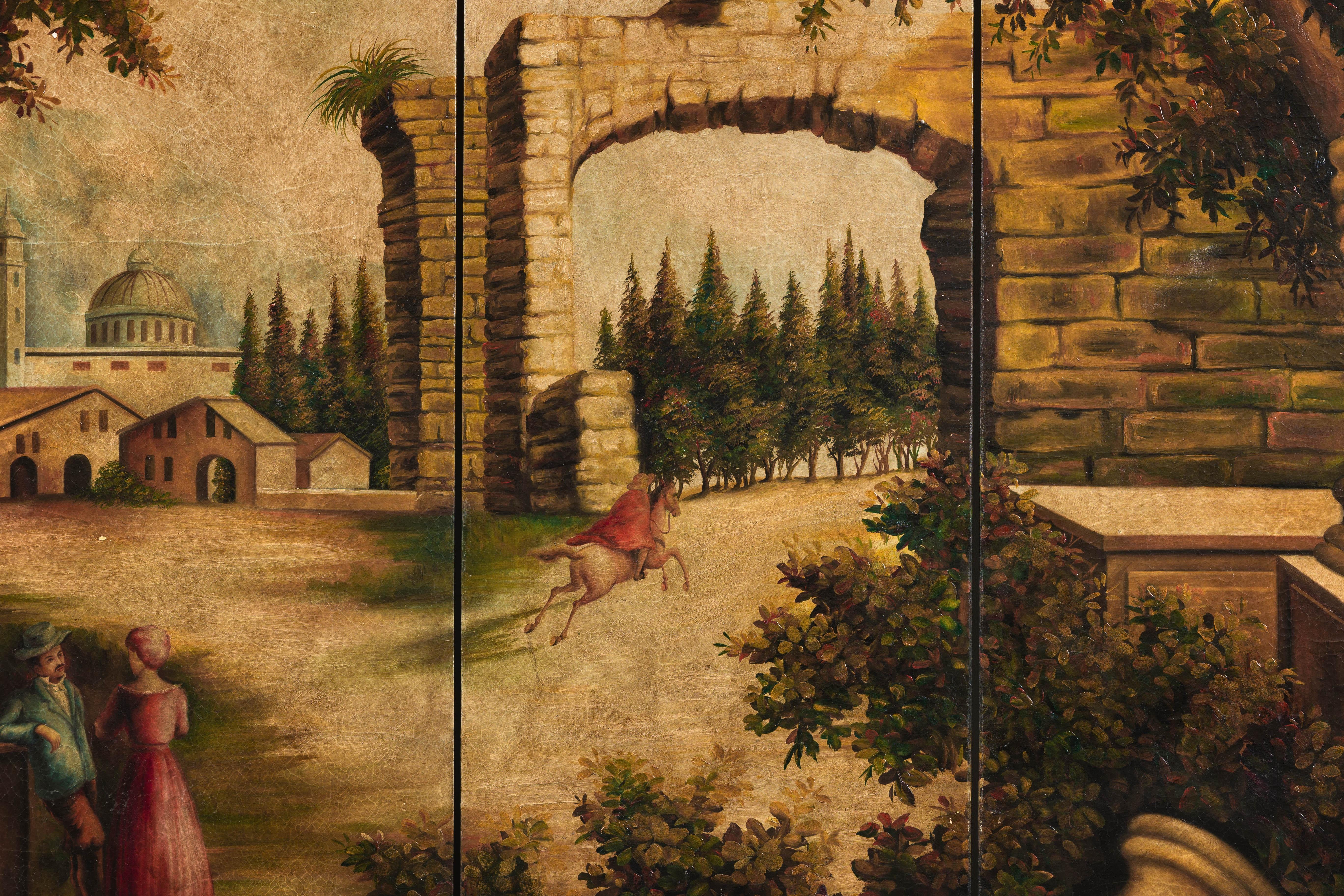 Paravento a quattro pannelli dipinto a mano con scena di paesaggio architettonico in vendita 1