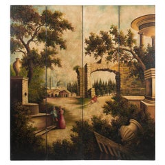 Hand-Painted Four-Panel Folding Screen with Architectural Landscape Scene