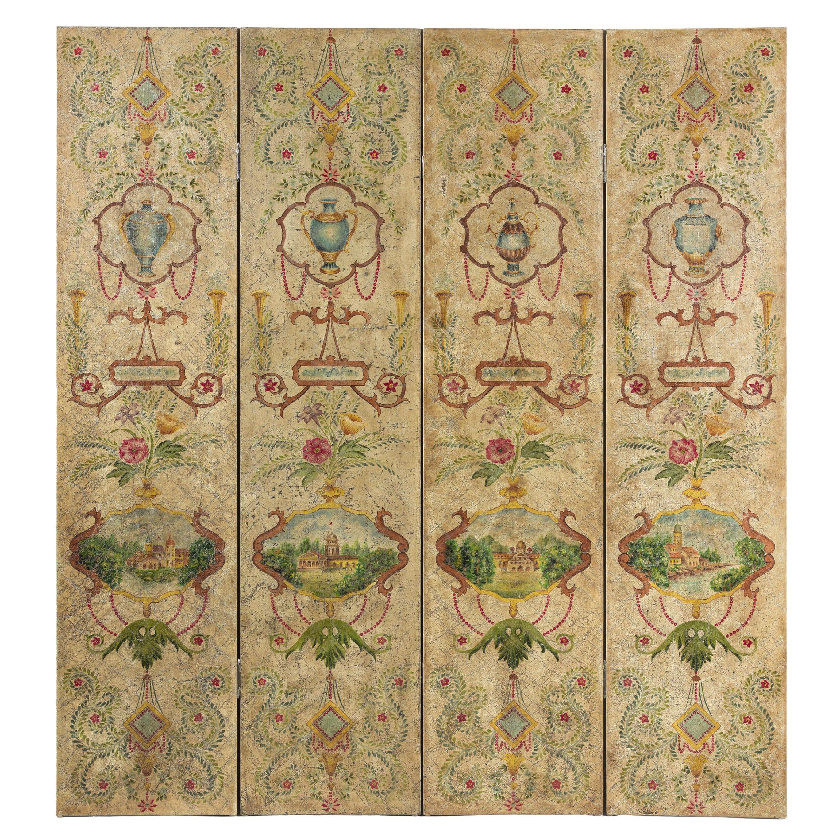 Hand-Painted Four-Panel Folding Screen with Neoclassical Style Motifs