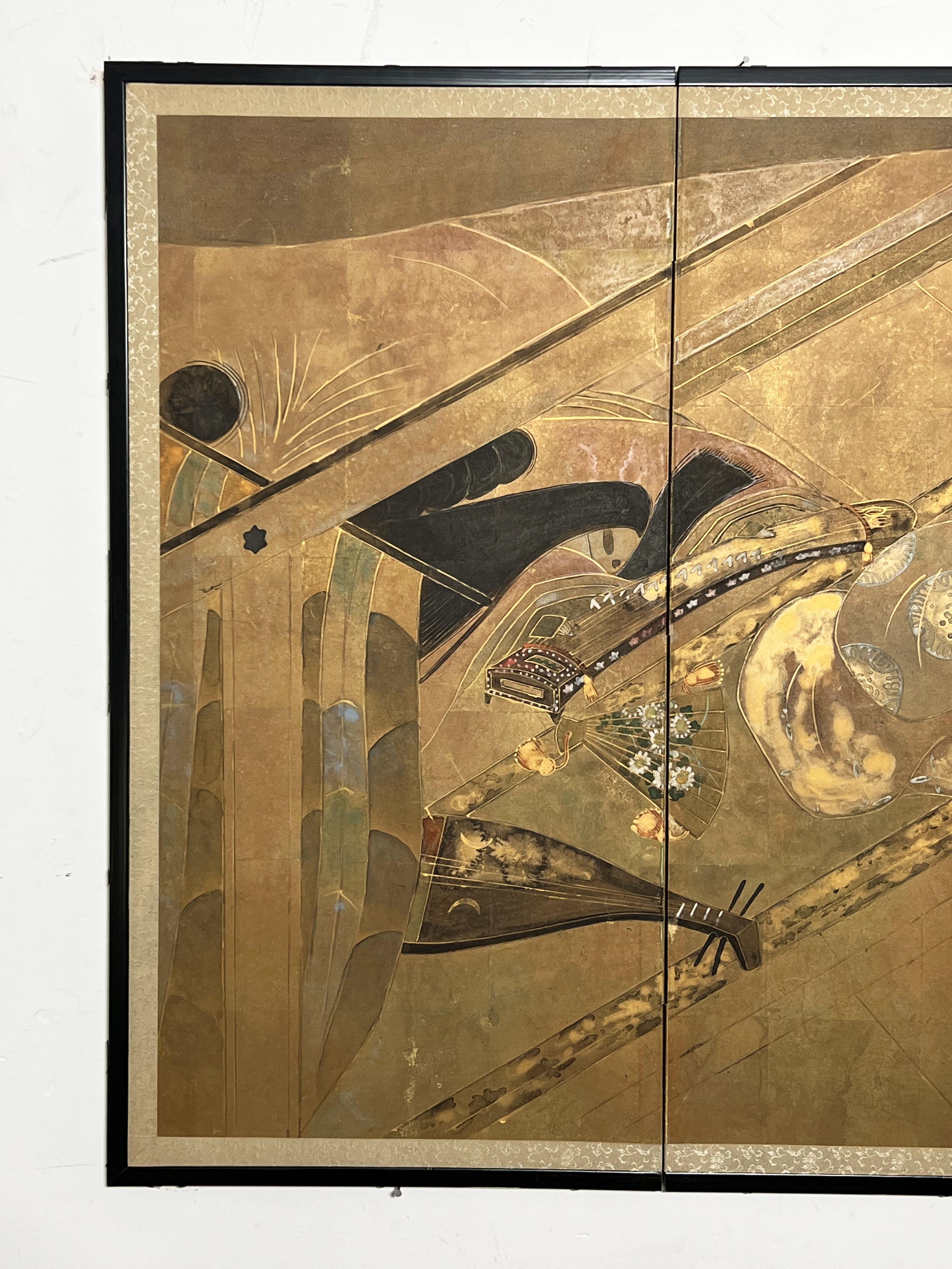 A hand painted Japanese byobu screen of four panels, ca. 1960s, depicting an abstract assemblage of musicians.   Inscribed 