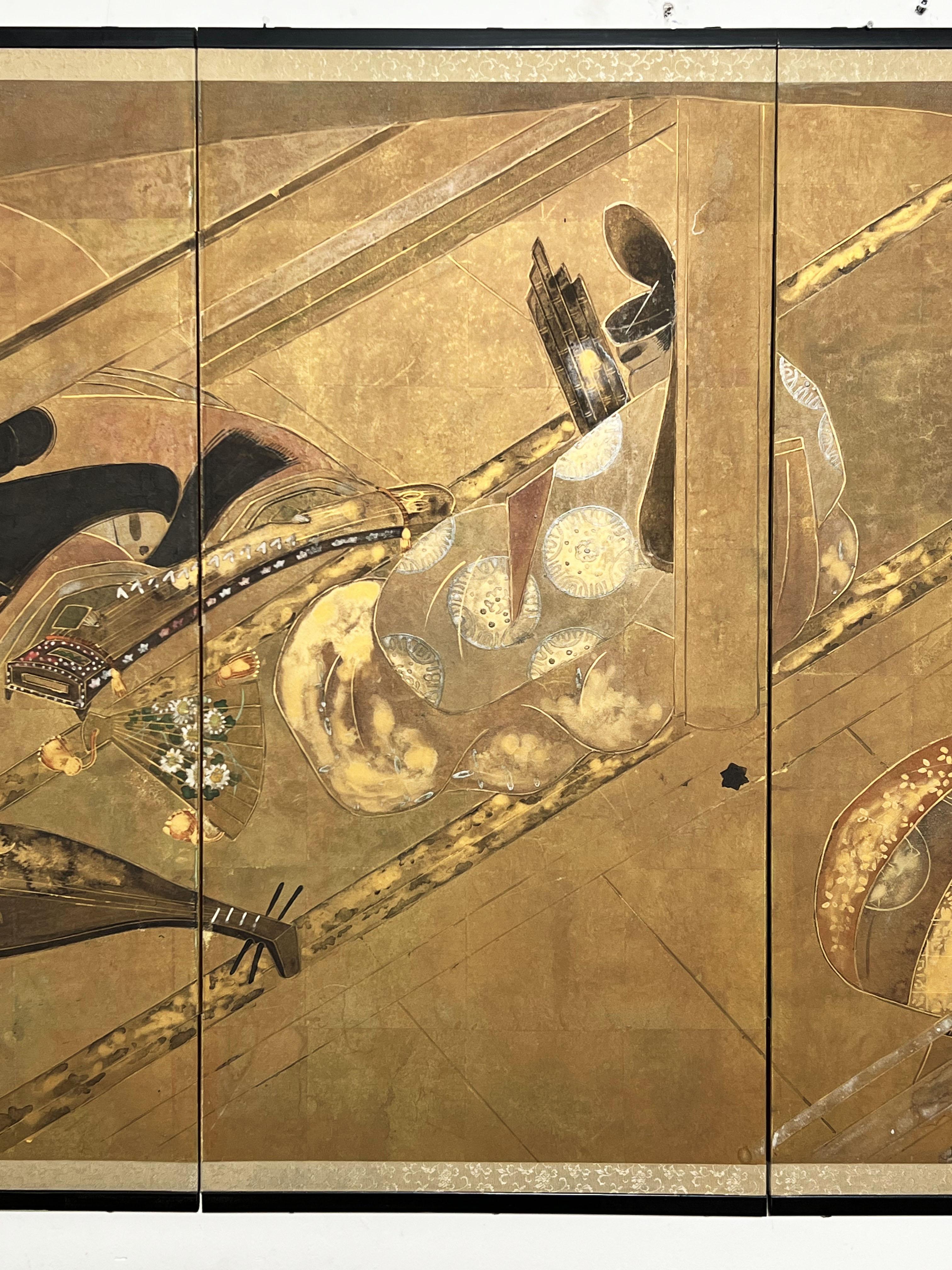 Meiji Paravent japonais Byobu à quatre panneaux peint à la main Circa 1960s